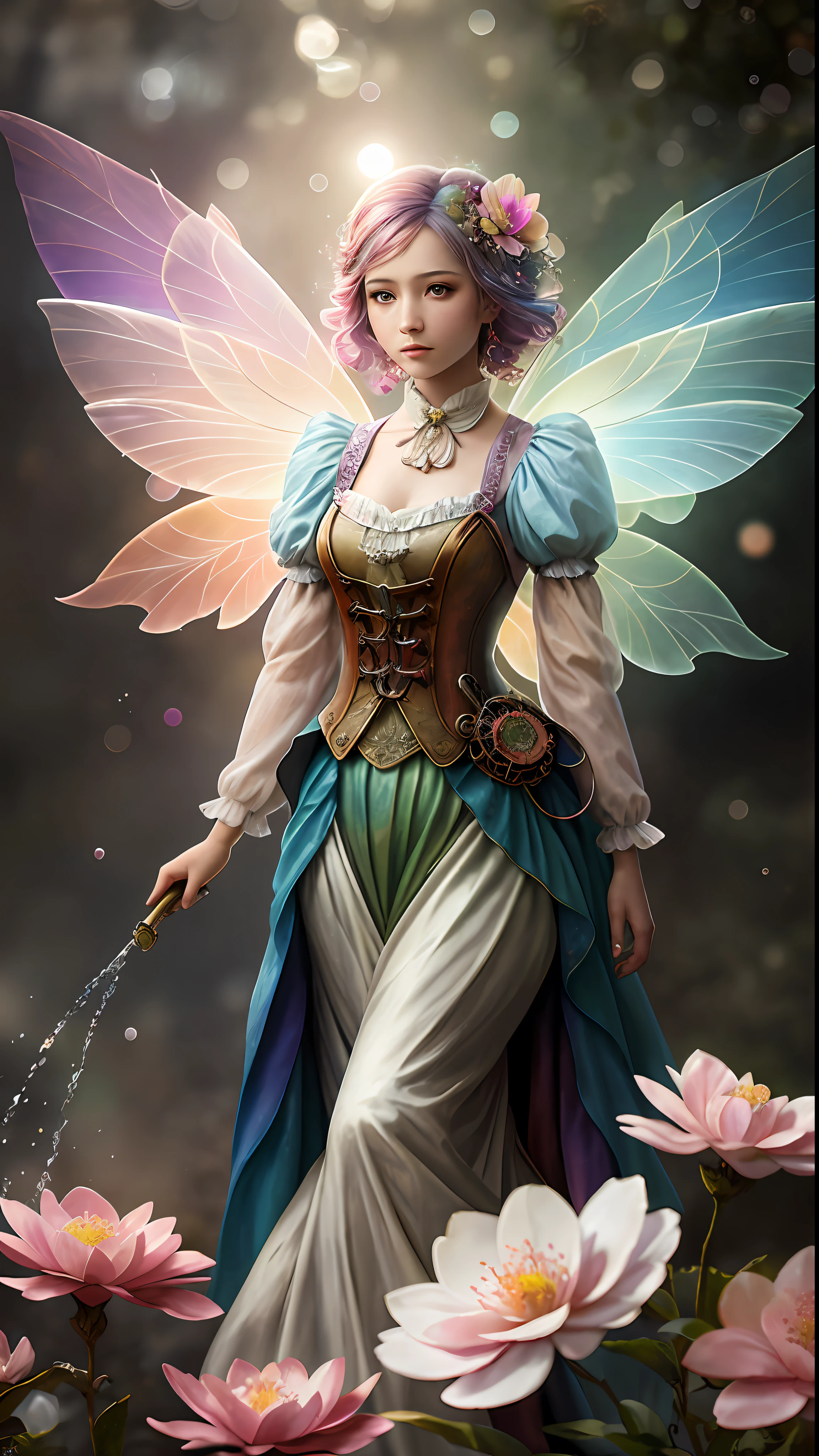 fine art masterclass splash spray trickle daubs of rainbow opaline Prisma Sakuraoil color,Steampunk celestial ethereal ghostly Fairy, HDR, ultra high-detail, centered, bokeh, lens flare, foggy dusk, bloom, light bloom, cinematic lighting, high dynamic range, depth of field, full pose