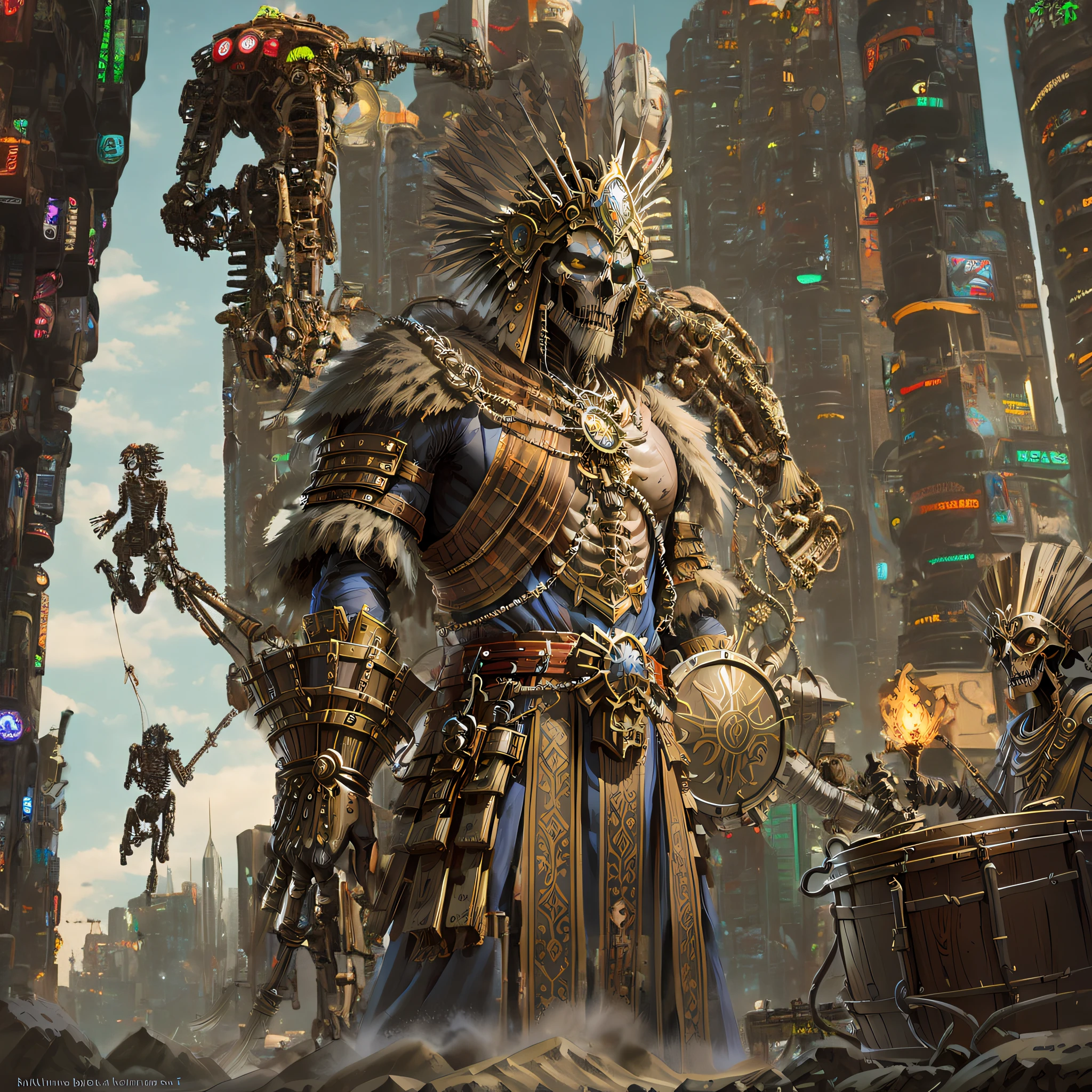 A giant cyberpunk mechanical skeleton shaman with a whip in his hand stands in a futuristic sci-fi city for revenge and aggression --auto --s2