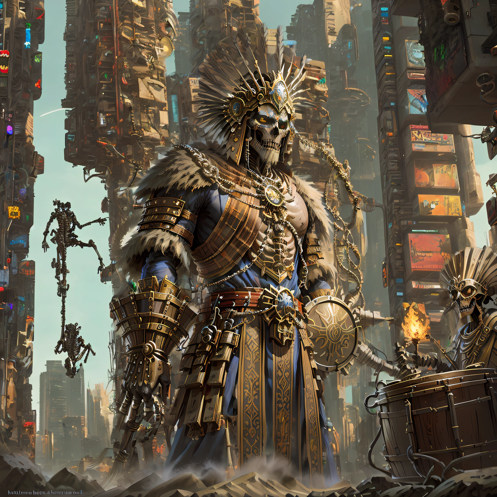 A giant cyberpunk mechanical skeleton shaman with a whip in his hand stands in a futuristic sci-fi city for revenge and aggression --auto --s2