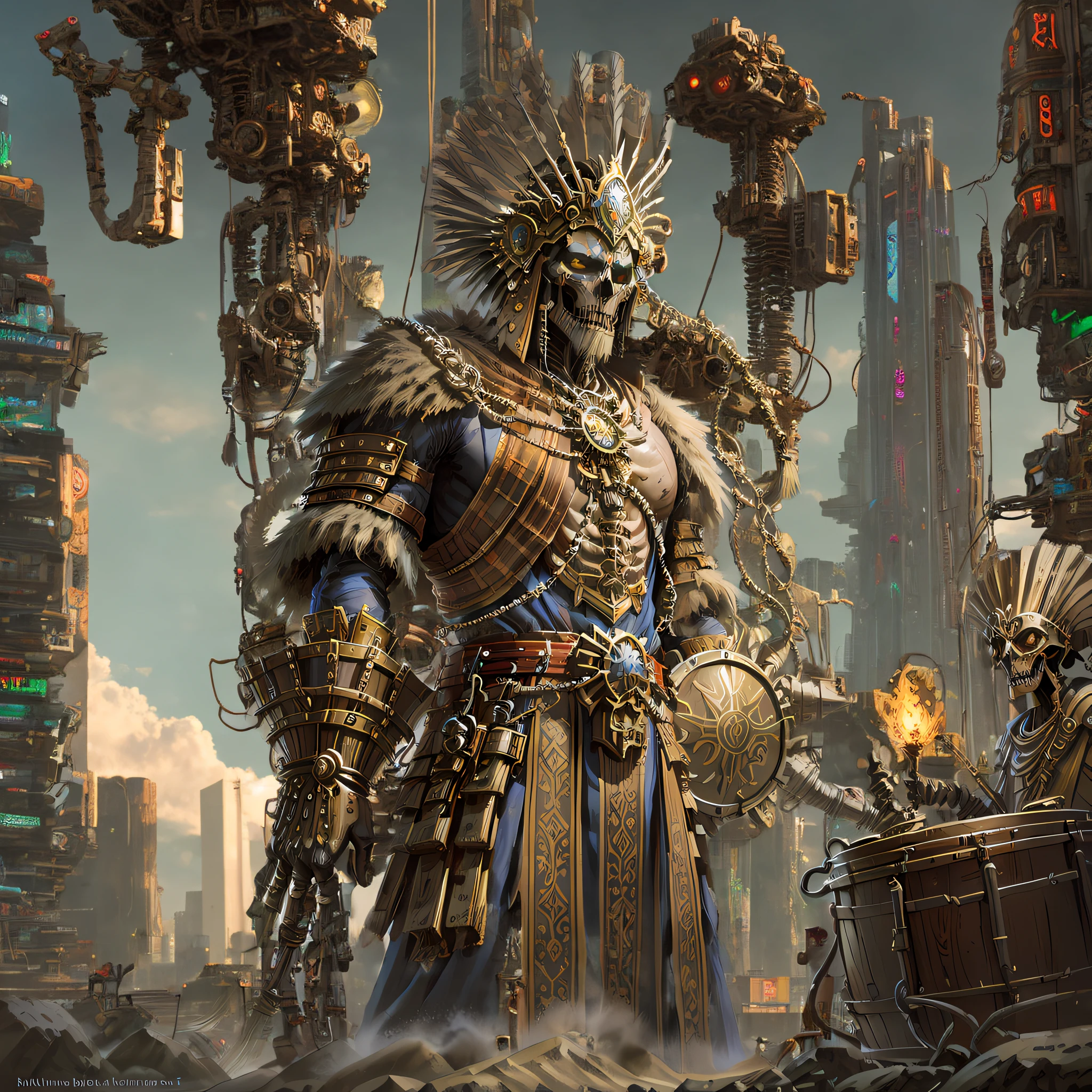 A giant cyberpunk mechanical skeleton shaman with a whip in his hand stands in a futuristic sci-fi city for revenge and aggression --auto --s2