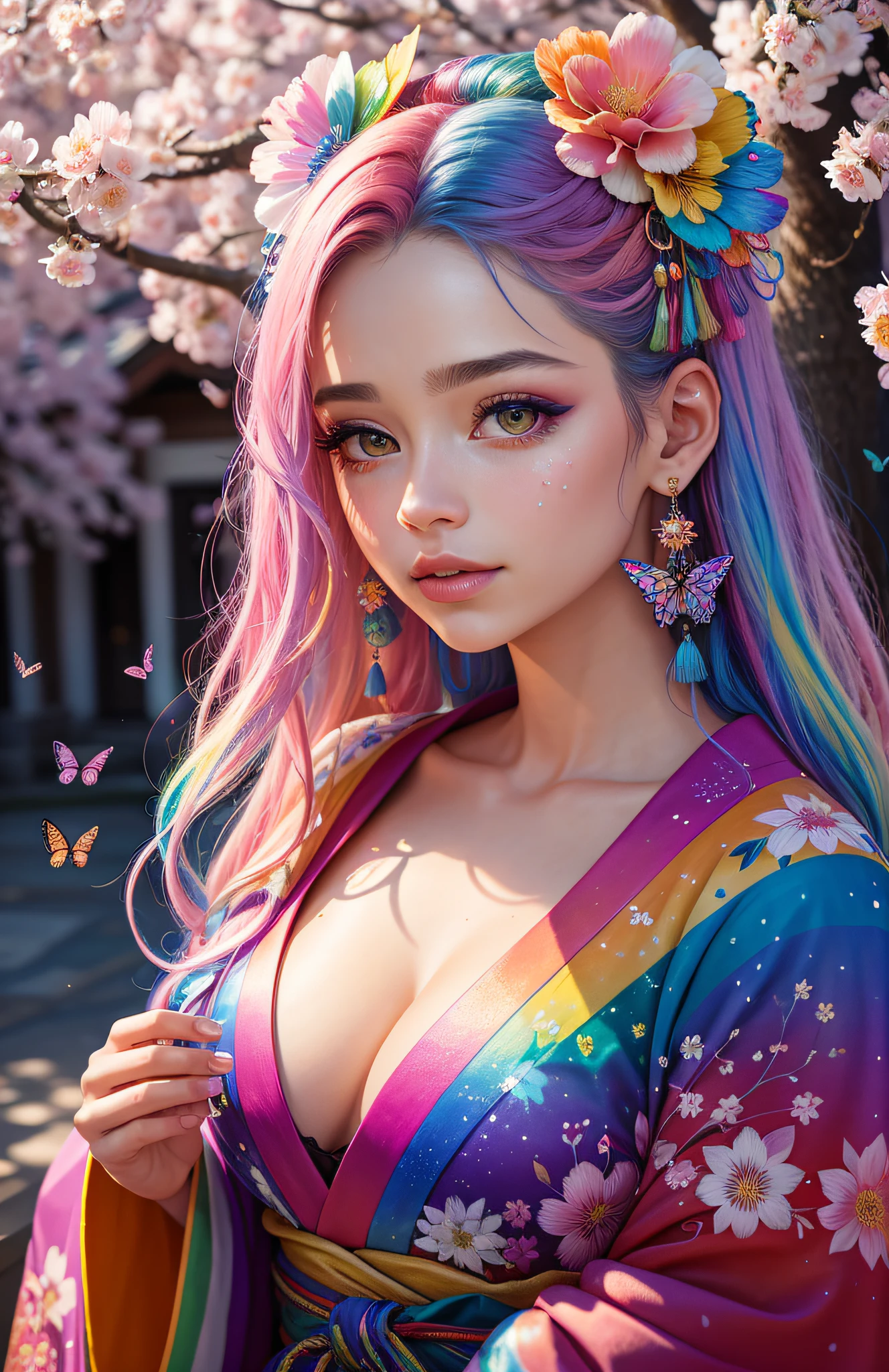 shukezouma, octane render, hdr, (hyperdetailed:1.15), (soft light, sharp:1.2), 1girl, beautiful girl, ultra detailed eyes, mature, plump, thick, rainbow painting drops, paint teardrops, woman made up from paint, entirely paint, splat, splash, long colored hair, kimono made from paint, ultra detailed texture kimono, rainbow paint kimono, paint bulb, paint drops, (hair ornaments, earrings, flowers hair ornaments, butterflies hair ornaments), outdoors, sakura trees