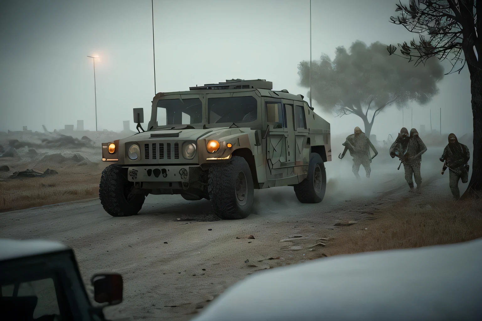 analog gloomy photo of a desert camo HUMVEE car, ((zombie apocalypse)), ((surrounded by zombies)), (living dead), ((winter)), ((snow)), (horror movie), (nighttime), at a decayed city, dilapidated buildings, green flares, (green fumes), High Detail, Sharp focus, (photorealism), realistic, best quality, 8k, award winning, dramatic lighting, epic, cinematic, masterpiece, rim light, ambient fog:1.2,