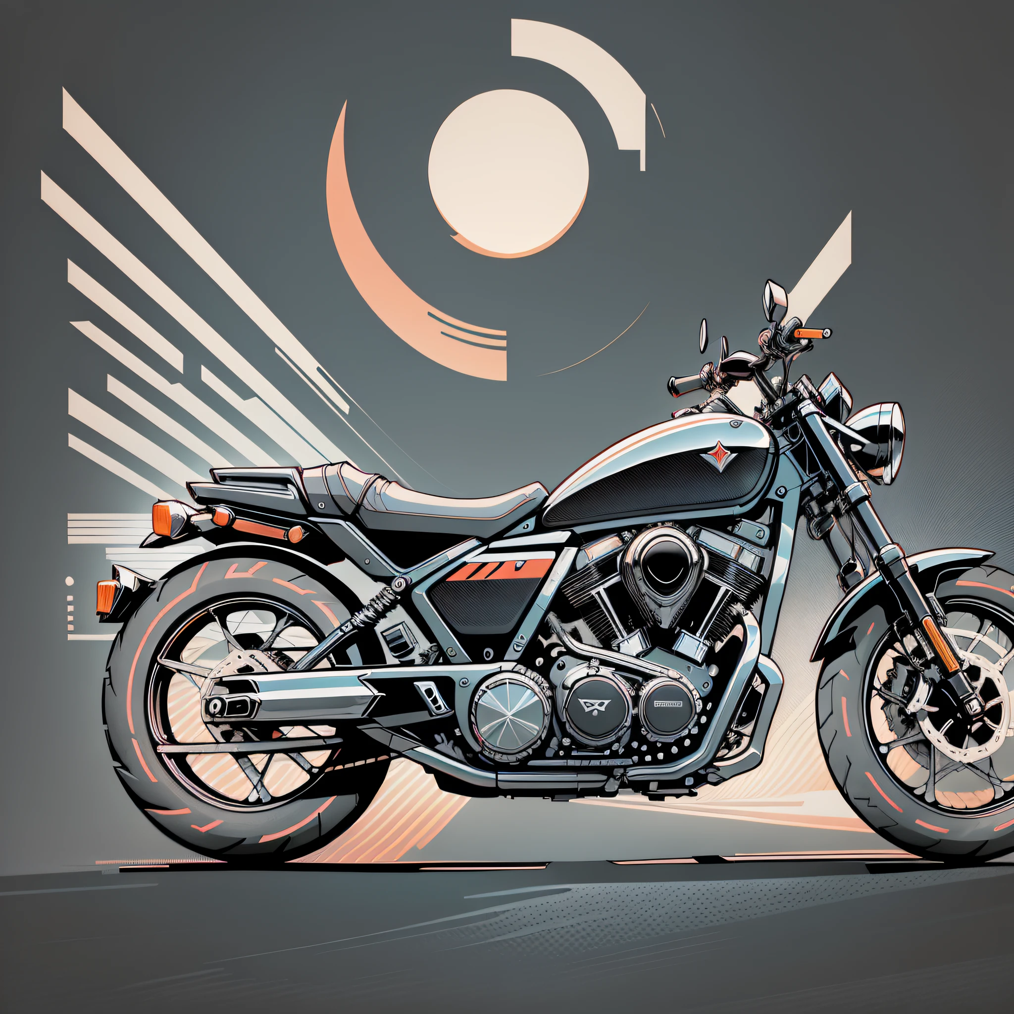 graphic design t-shirt, flat design , motorcycle, street, highly detailed clean, vector image, photorealistic masterpiece, professional photography, realistic motorcycle, simple sunrise background for the motorcycle, flat black background, isometric, bright vector((black background))