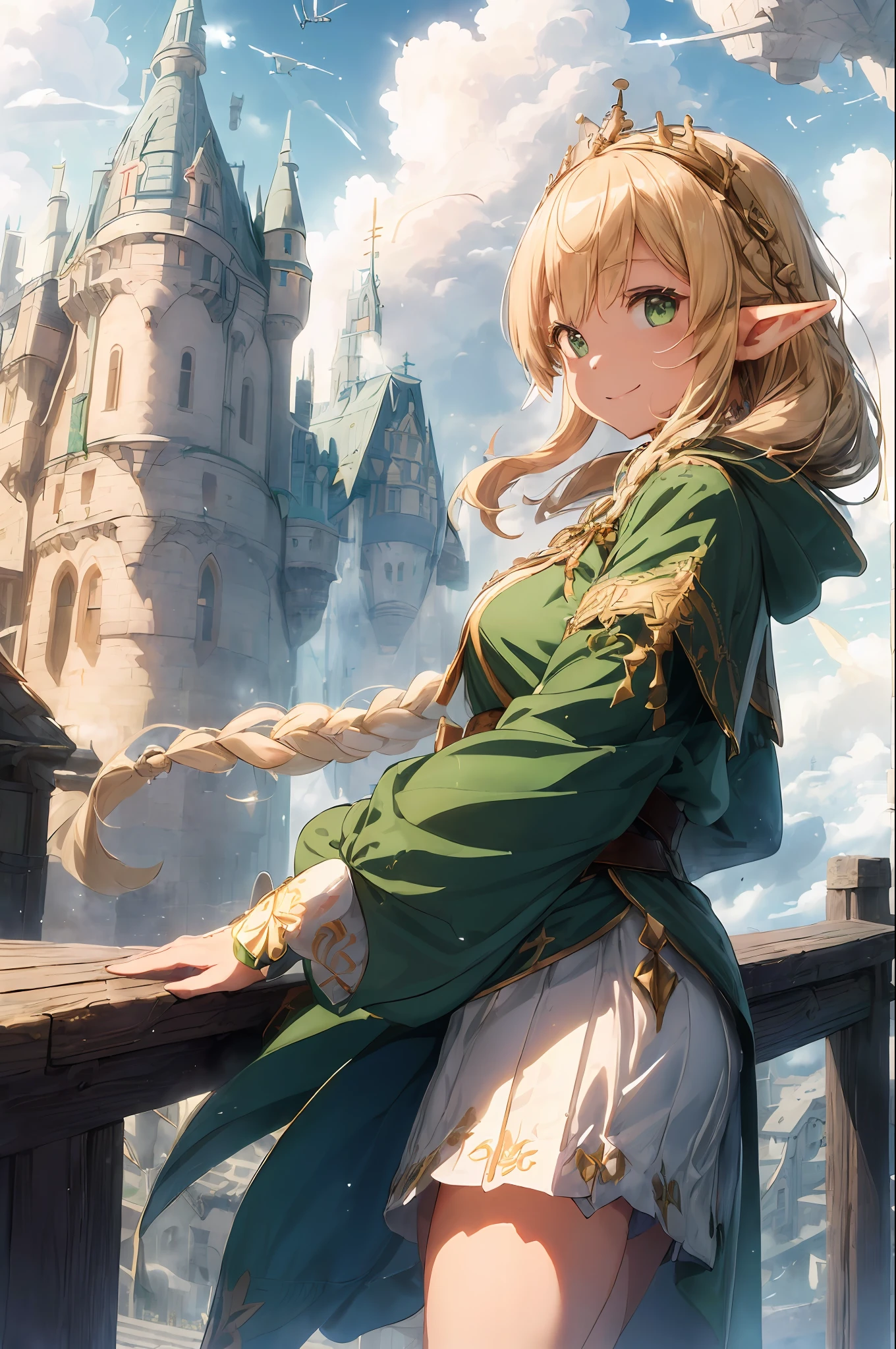 (((Masterpeace、the highest quality、high precision、High and fine)))、((fantasy))、1person、(((Elf Queen)))、(White short skirt with gold embroidery)、(Blonde long braid hair)、(Big glowing dark green eyes)、A thick long cloak so large that it hides its mouth、(Green surcoat with gold embroidery)、goggles、Thick gloves、Big Boobs、smile、、(((Deck of a flying ship)))、(((Castle in the sky)))、((((Clouds Spreading Below))))、(Crystal clear sky)、(Large cumulonimbus clouds)、strong wind、A lot of light grains are flying、Dynamic angle、sideview