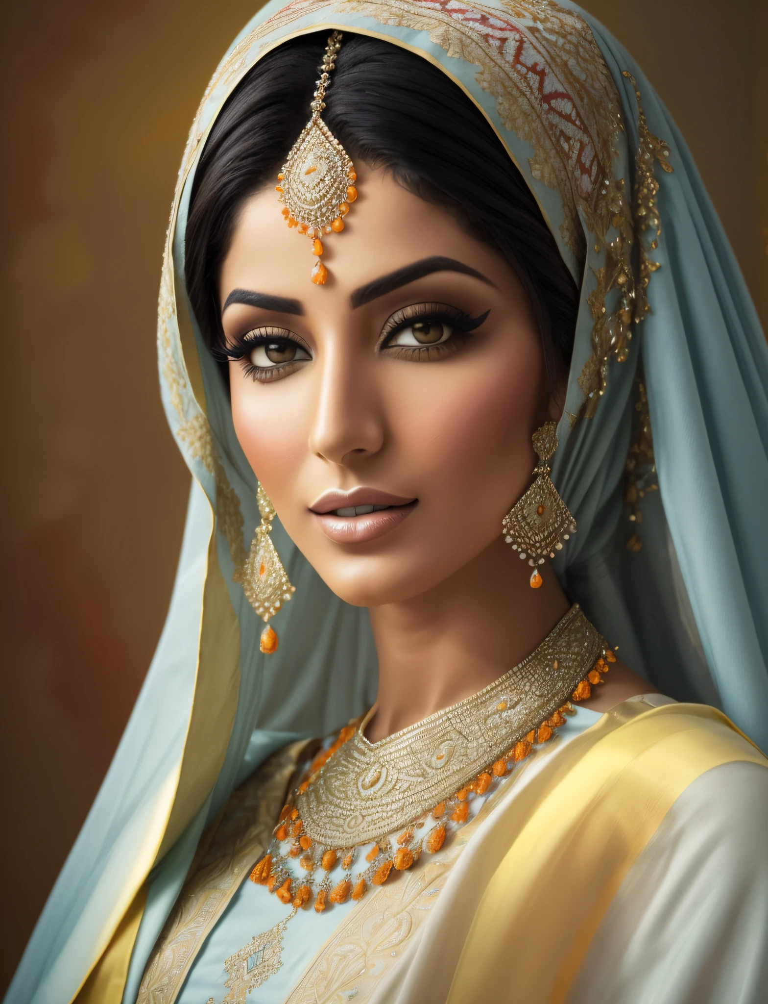 (mejor calidad),(beautiful Iranian woman),(mirada profunda),(tonos terrosos),(rojo, amarillo y naranja),(cielo azul) [+(pintura al oleo:1.2)]