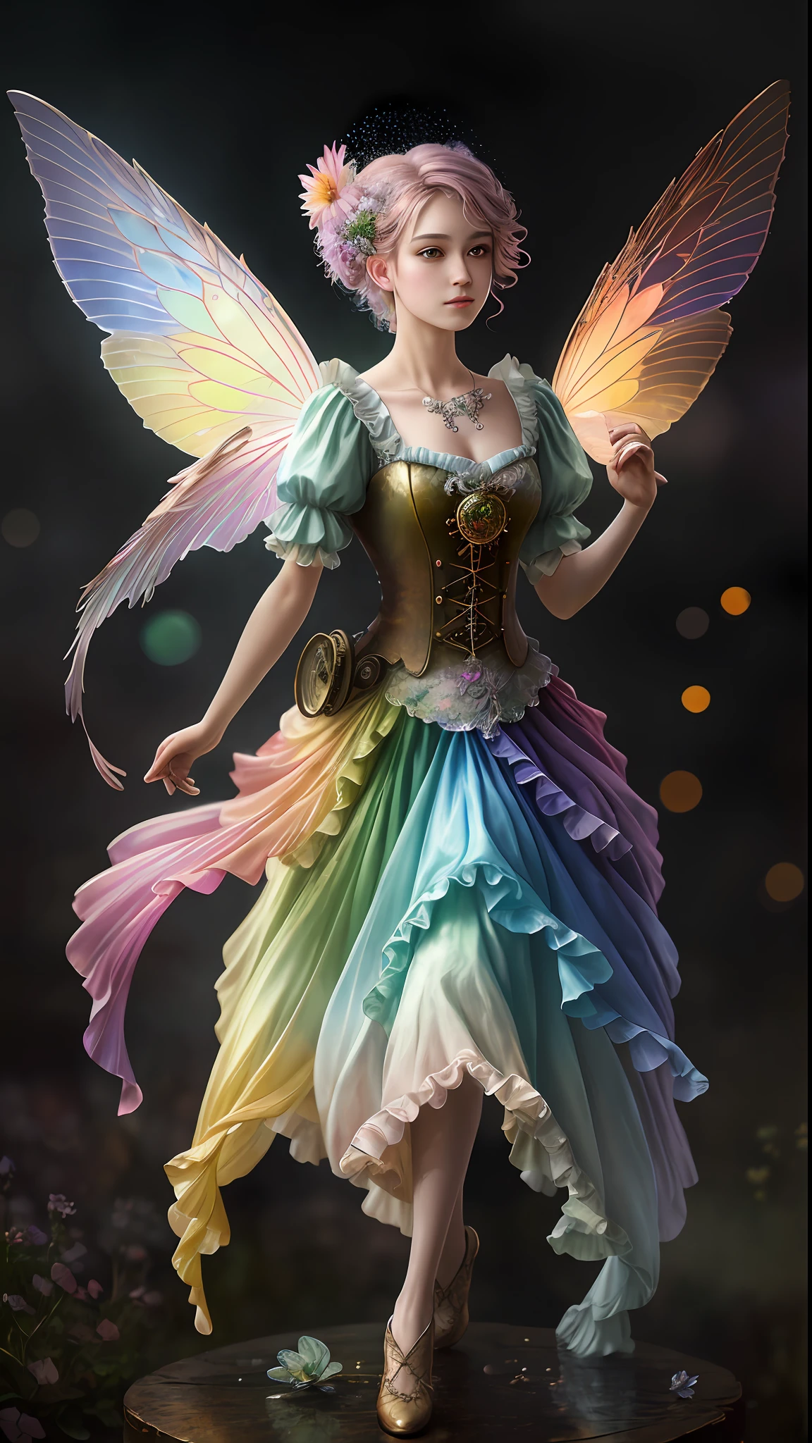 fine art masterclass splash spray trickle daubs of rainbow opaline Prisma Sakuraoil color,Steampunk celestial ethereal ghostly Fairy, HDR, ultra high-detail, centered, bokeh, lens flare, foggy dusk, bloom, light bloom, cinematic lighting, high dynamic range, depth of field, full pose