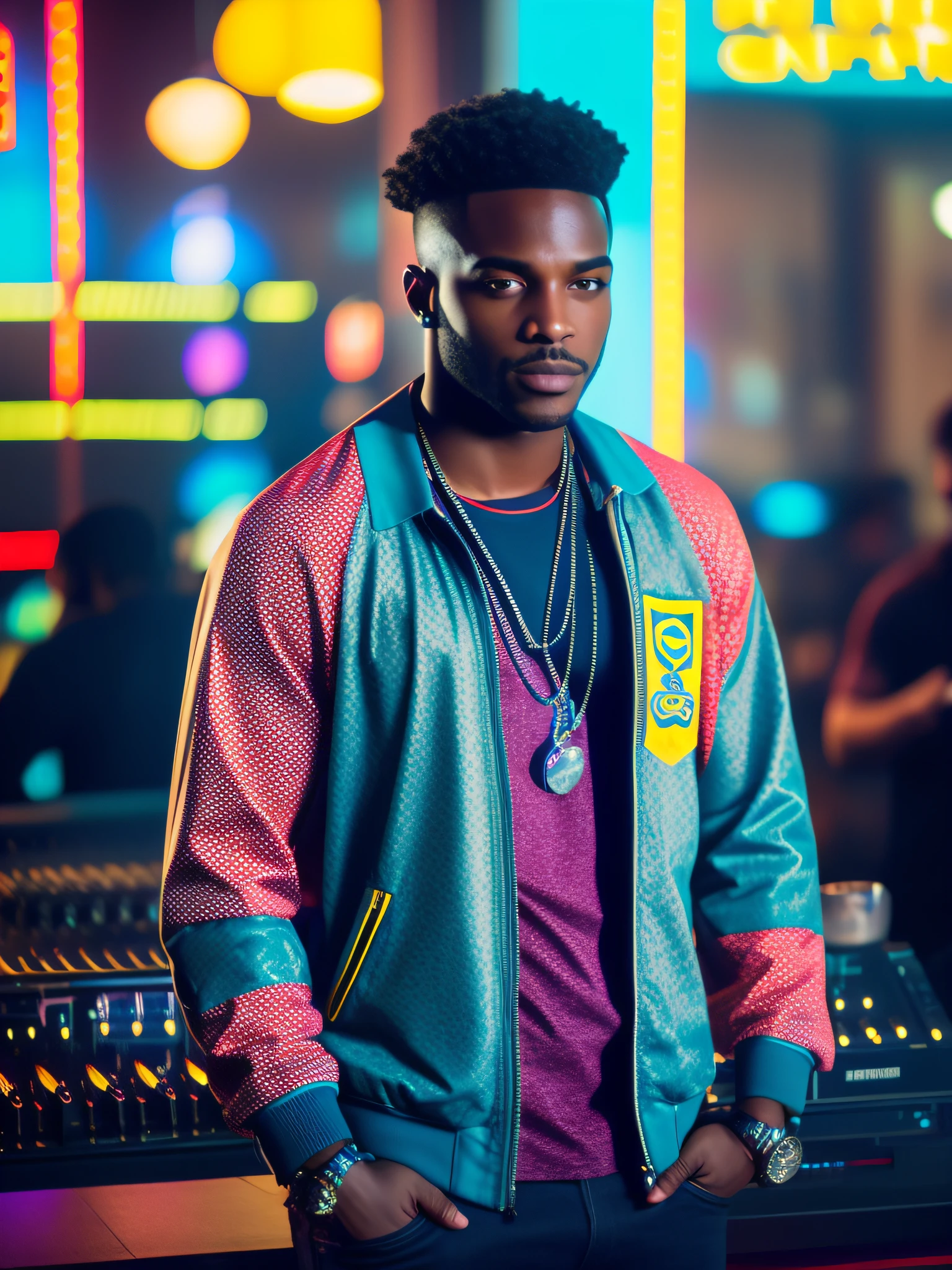 fking_scifi, fking_scifi_v2, retrato de um jovem dj, com fones de aparatos de dj, musculoso homem guerreiro africano muito bonito e atraente, em uma danceteria, casa noturna, roupas coloridas ricas e joias africanas douradas, close-up, pose real e atitude. fking_cinema_v2.