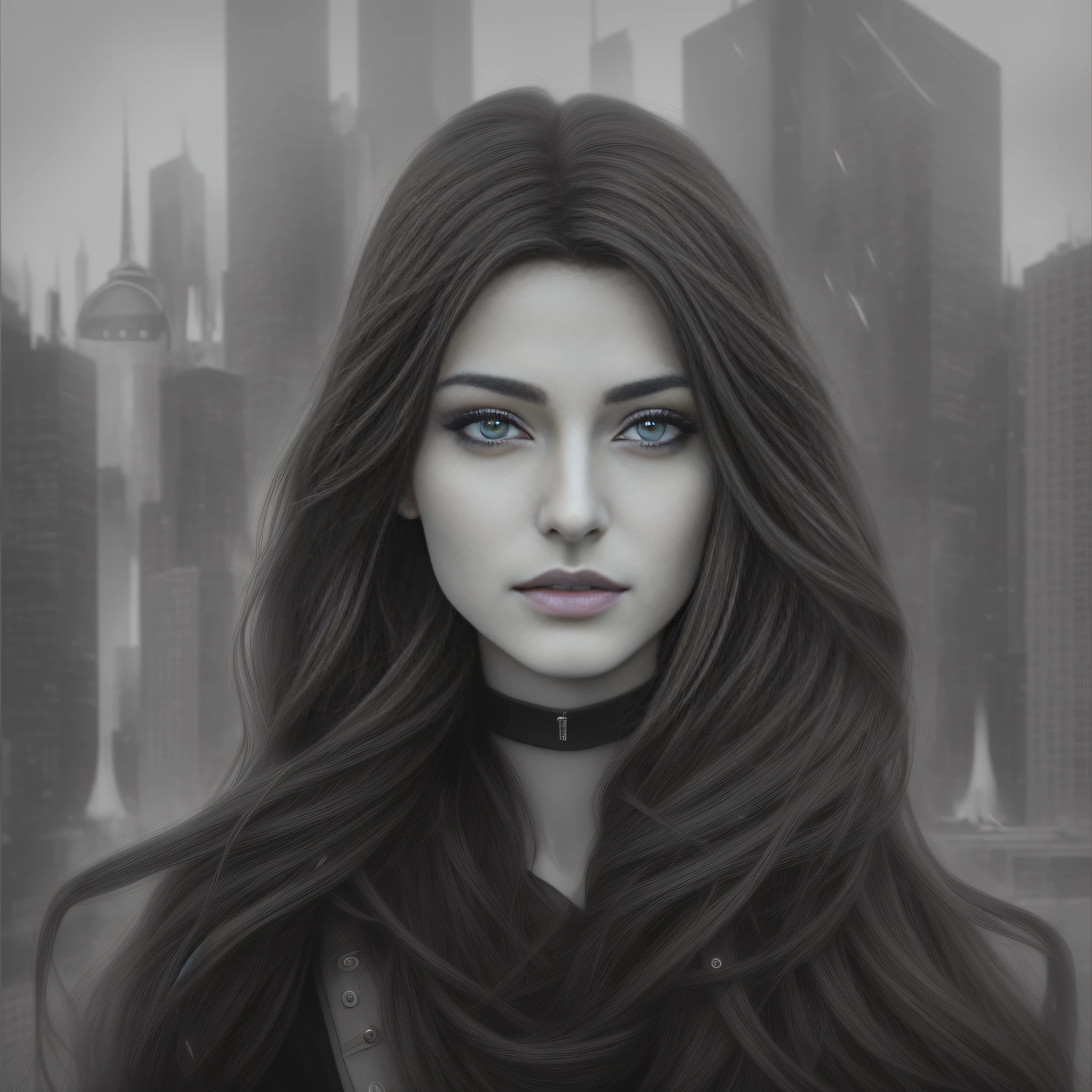 Arafed is a woman with long hair and gray eyes in the city, A stylized urban work of art, Detailed portrait of the character, Realistic art style, Realistic portrait of a woman, Portrait of a girl, Character portrait, Detailed beautiful portrait, Digital art elegant, hyper realism, Photographic style, Realistic photography, Contemporary photography --auto --s2