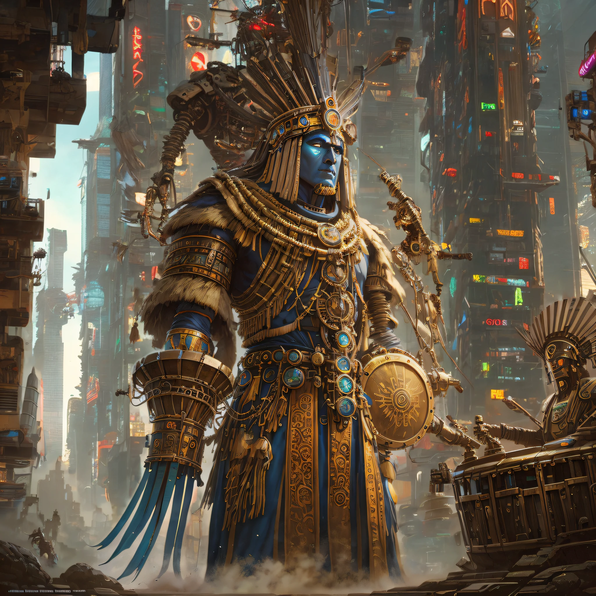 A giant cyberpunk mechanical skeleton shaman with a whip in his hand stands in a futuristic sci-fi city for revenge and aggression --auto --s2