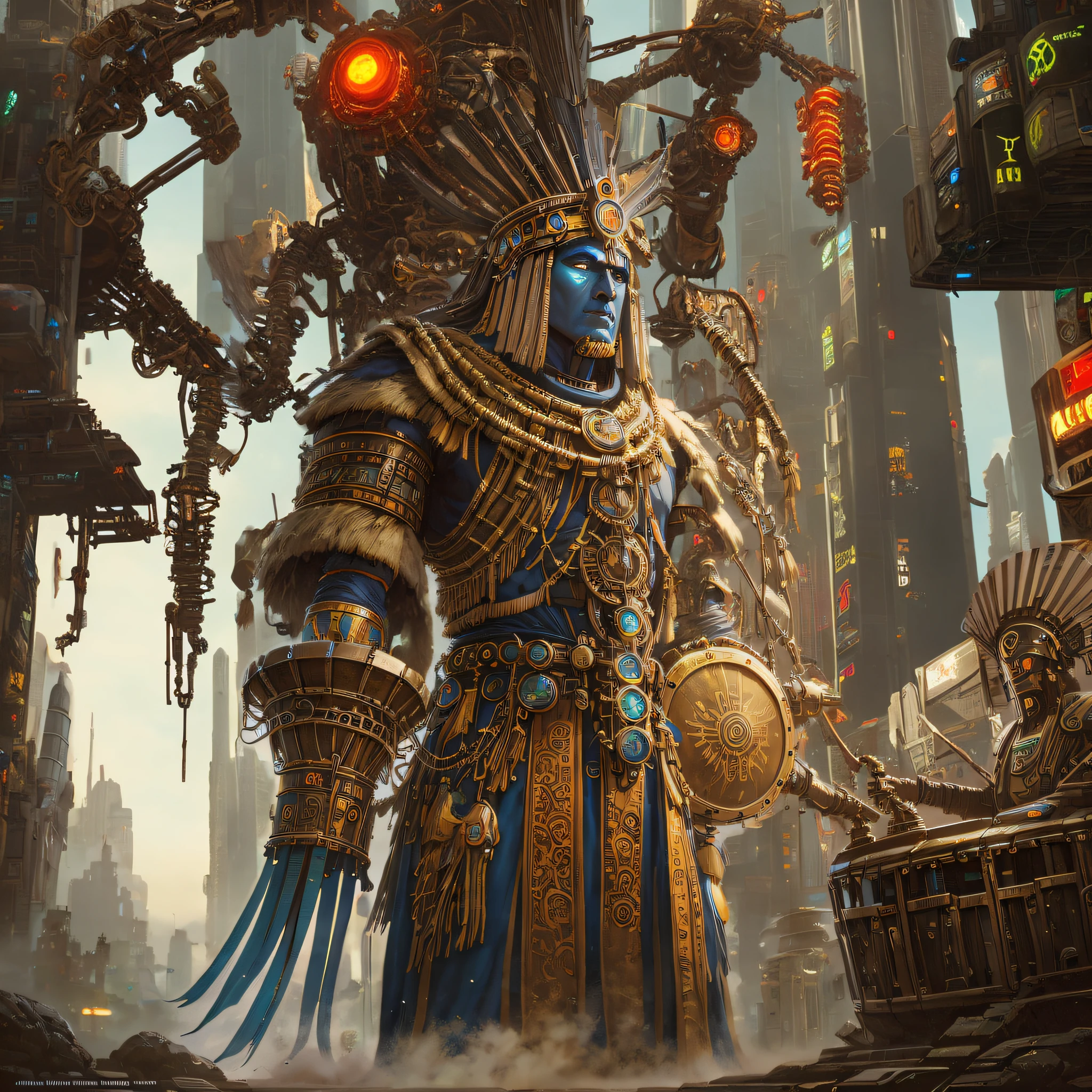 A giant cyberpunk mechanical skeleton shaman with a whip in his hand stands in a futuristic sci-fi city for revenge and aggression --auto --s2