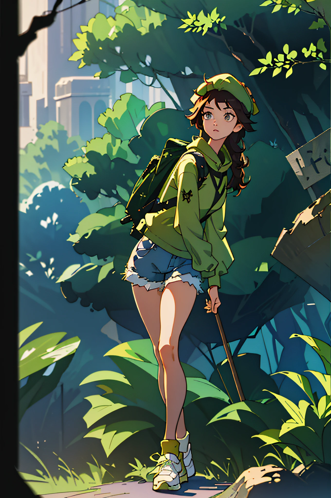 (best quality, masterpiece1.2), (detailed eye:1.2), intricate detail, depth of field, 1girl, long sleeves, cap, shorts, jungle, backpack, sun, tired, standing