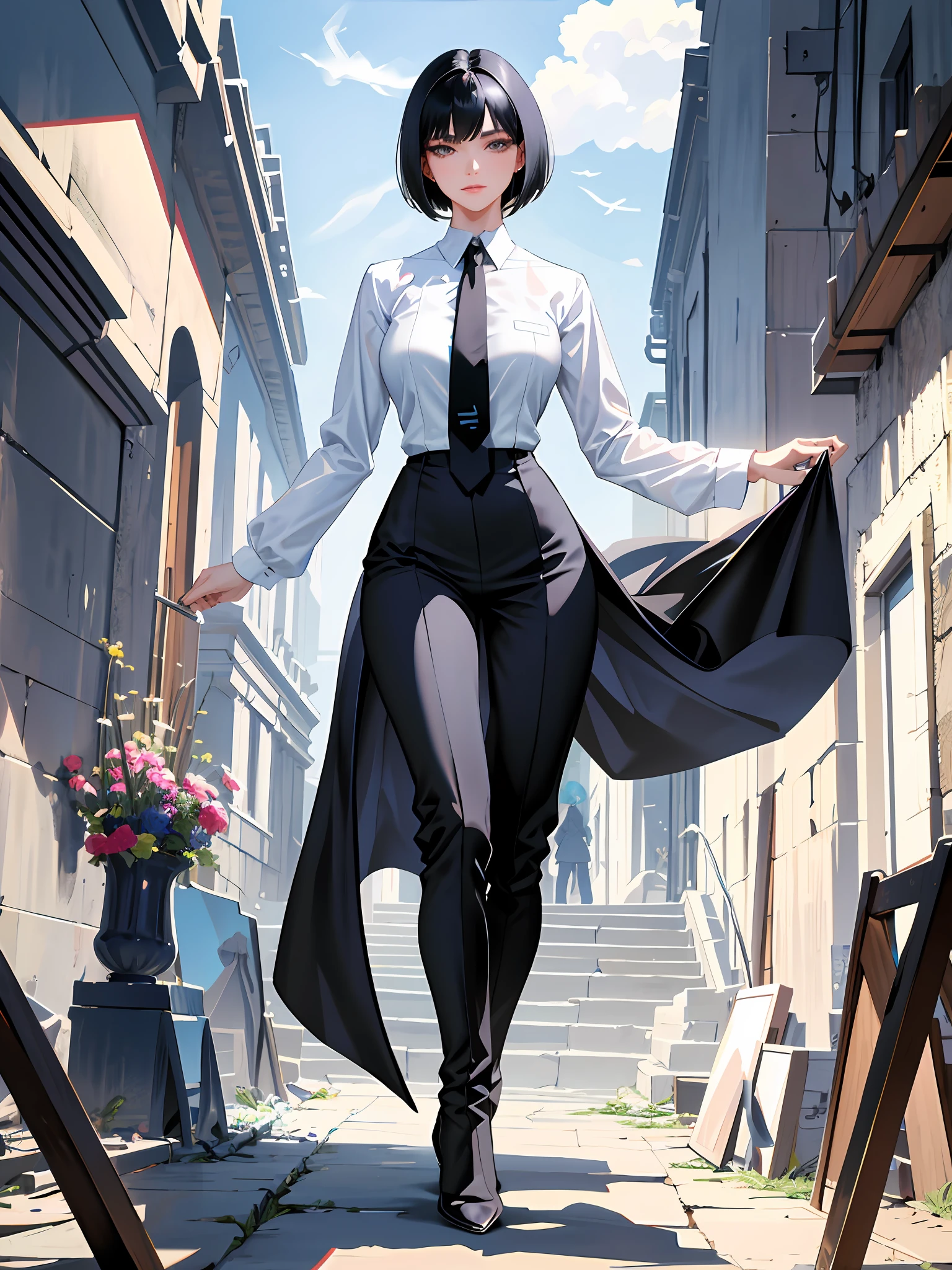 (Highest resolution, distinct_image), of the best quality, a masterpiece, RAWExtremely detailed, Semi-realistic, single person, All over body，A woman with short black hair,Slim figure ， tall, strong，The expression is grim，White shirt，black necktie，Blue uniform pants，boots，military clothes, military school，Book holding gesture