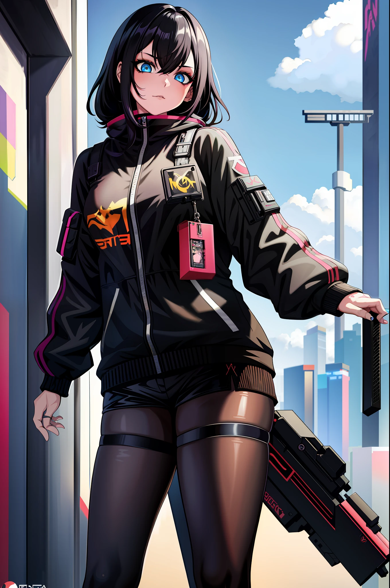 1girl, cabelu curto, cabelo preto, olhos azuis, Garota de anime com tatuagens posando em uma roupa preta em uma cidade, arte digital de anime, garota anime , menina de anime feminino, arte de anime , muscular! oppai cyberpunk, Ilya Kuvshinov. 4 mil, Cyberpunk 2 0 e. o modelo menina, badass anime 8 k, cyberpunk digital - arte de anime
