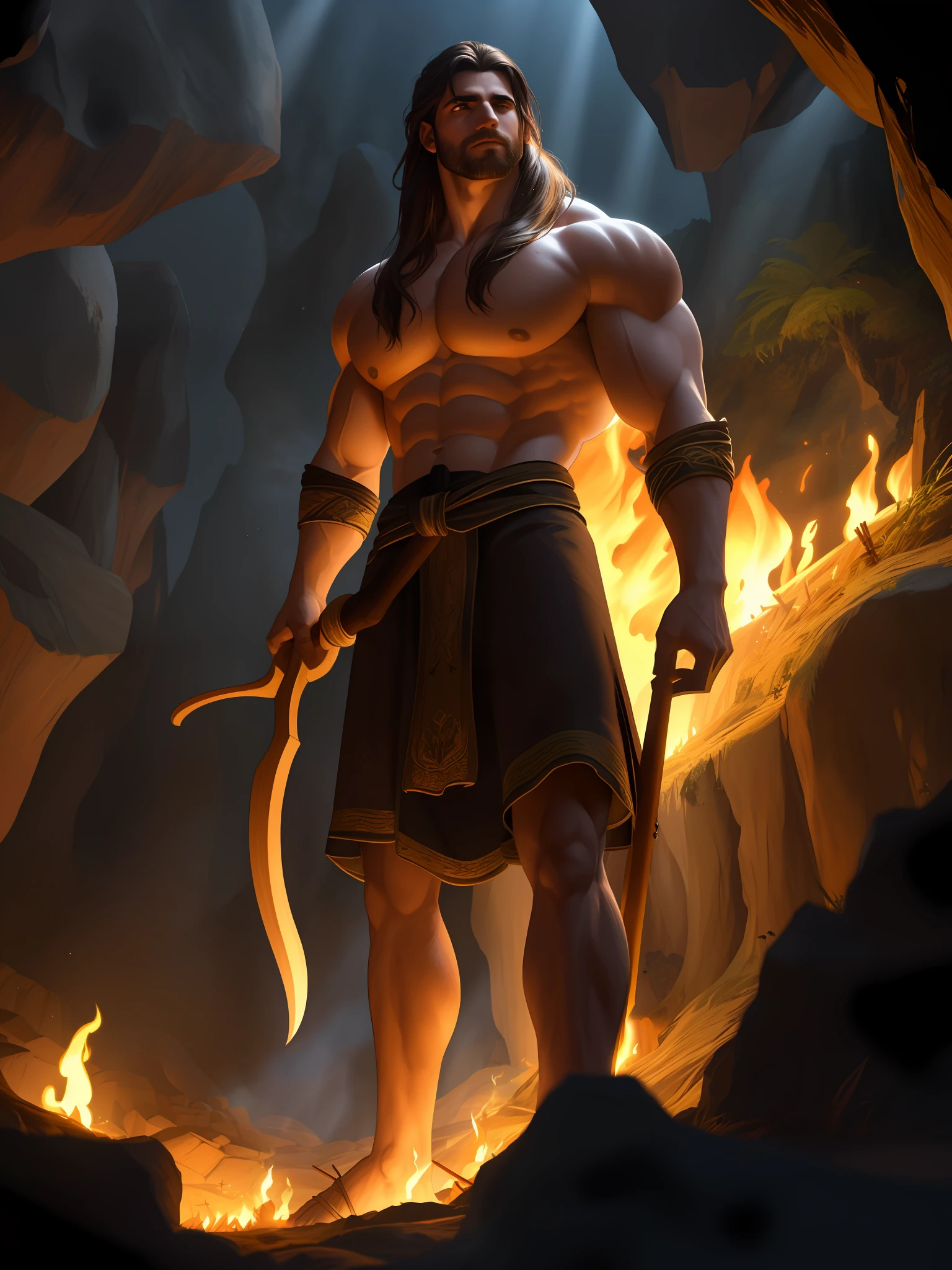 (1homem) (masculino) ((vista frontal)) ((facing viewer))
Bonito, flawless face very detailed, olhos abertos detalhados, muito bonito, epic, heroico,
(muscular) fisiculturista, ((big muscles)), ((peitorais grandes)), cintura estreita, cabelos curtos.
((peito peludo)), ((pernas de cabelo)).
Vestindo lombo de pele, carrying a wooden spear.
Emergindo de uma entrada (caverna escura). Is (noite), The only source of light is a bonfire out of sight on the right.
Arte de fantasia altamente detalhada, Dramatic volumetric light, artstation, beautiful illustration of modern fantasy.