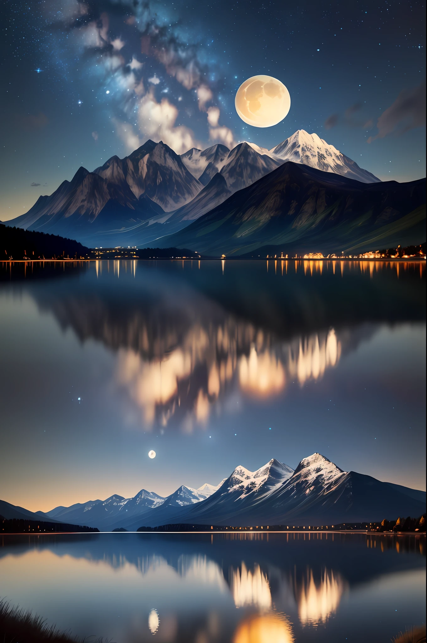 Very starry night. A giant moon behind the mountains. A tranquil lake reflecting the night. Realistic scene, detailed, photorealism, 8k