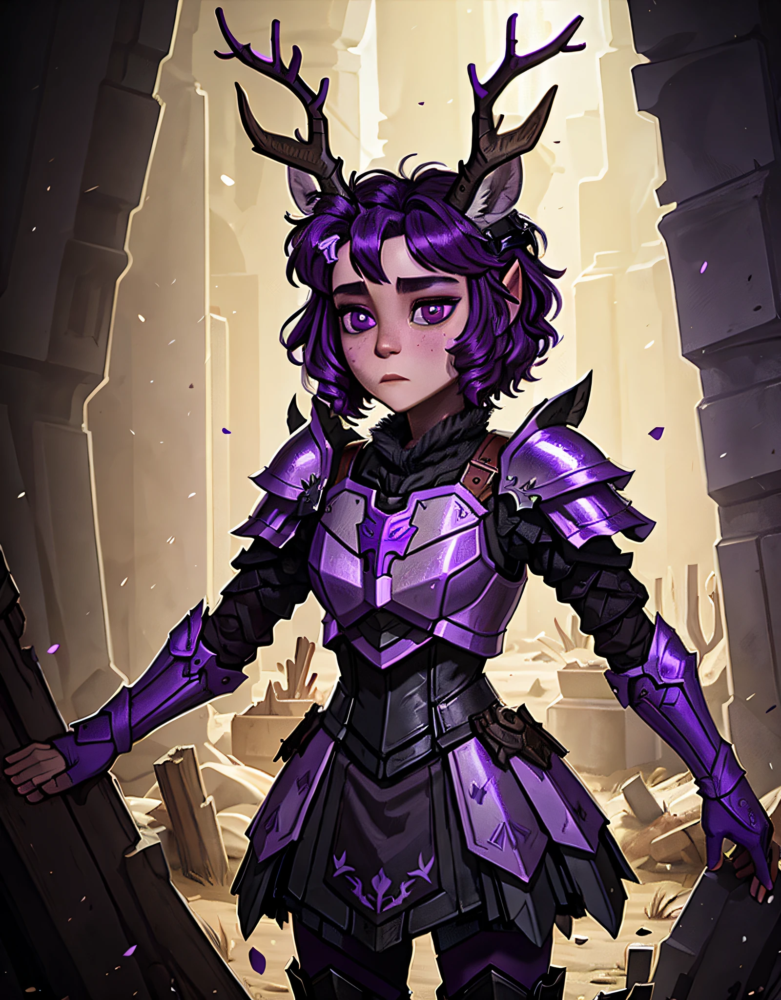 Knight Jackalope, short purple hair, jackalope antlers, dark armor(masterpiece, best quality)