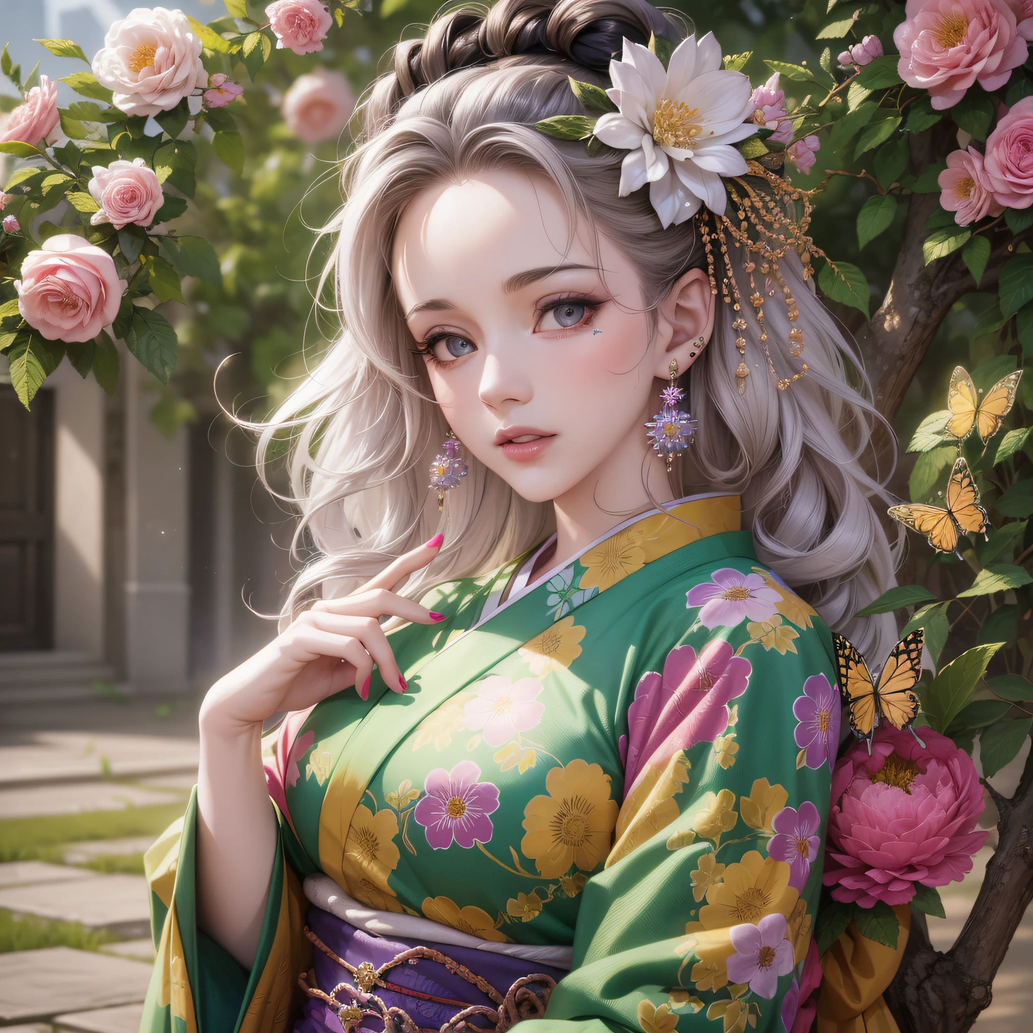 shukezouma, octane render, hdr, (hyperdetailed:1.15), (soft light, sharp:1.2), 1girl, beautiful girl, ultra detailed eyes, mature, plump, thick, rainbow painting drops, paint teardrops, woman made up from paint, entirely paint, splat, splash, long colored hair, kimono made from paint, ultra detailed texture kimono, rainbow paint kimono, paint bulb, paint drops, (hair ornaments, earrings, flowers hair ornaments, butterflies hair ornaments), outdoors, sakura trees