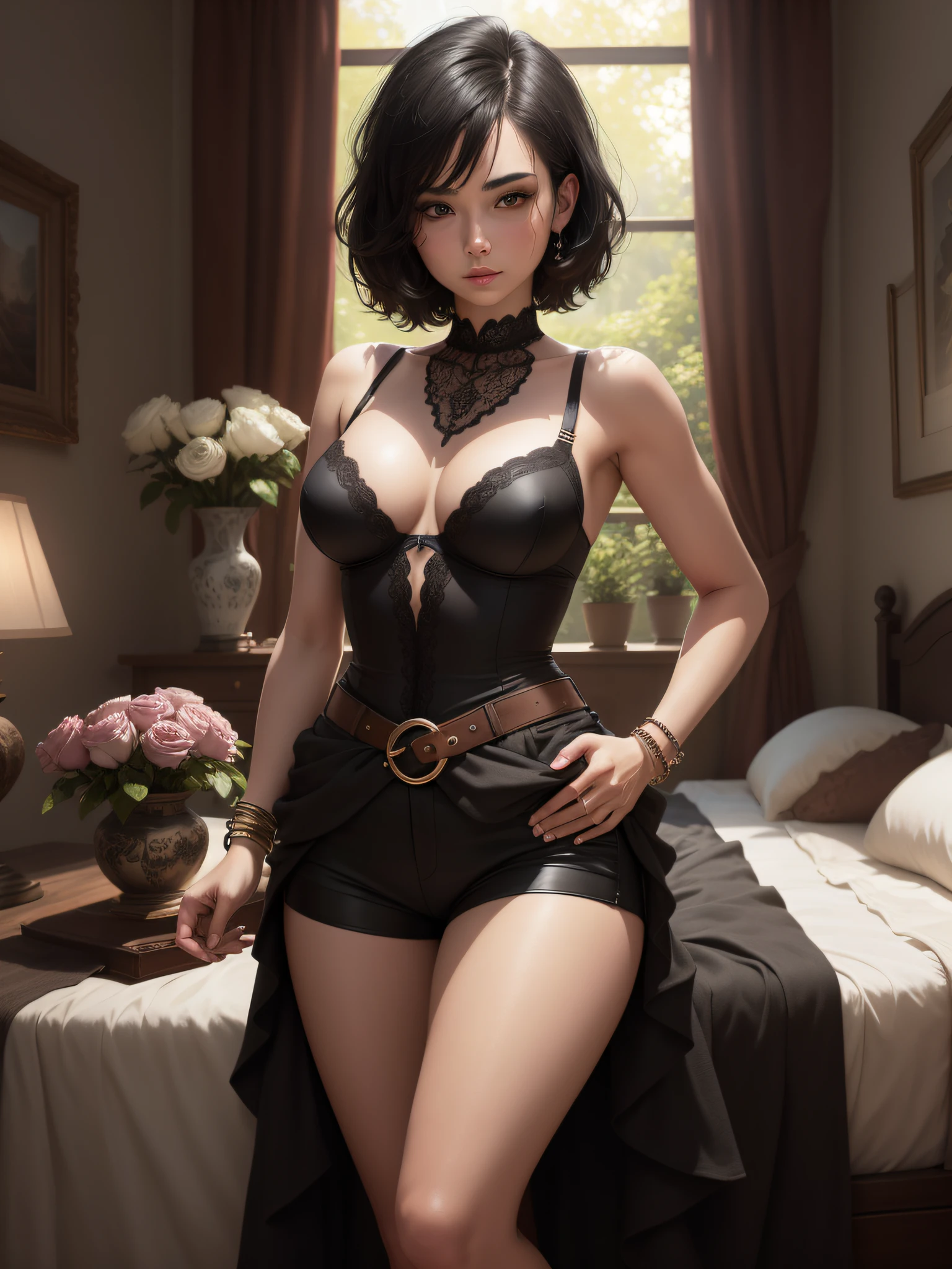 Complete art masterpiece, high quality, ultra detailed in 4k, 8k, high resolution, hyper-realistic photo, hyper-detailed, realistic skin texture, amazing shadows, extremely detailed texture, perfect lighting, high-level image quality. A female model, (Fair skin, short black hair, outlined eyes, outlined face, bracelet, Full body), wearing an elegant bra and shorts, waist belt, posing with hands on hips, bedroom background with roses