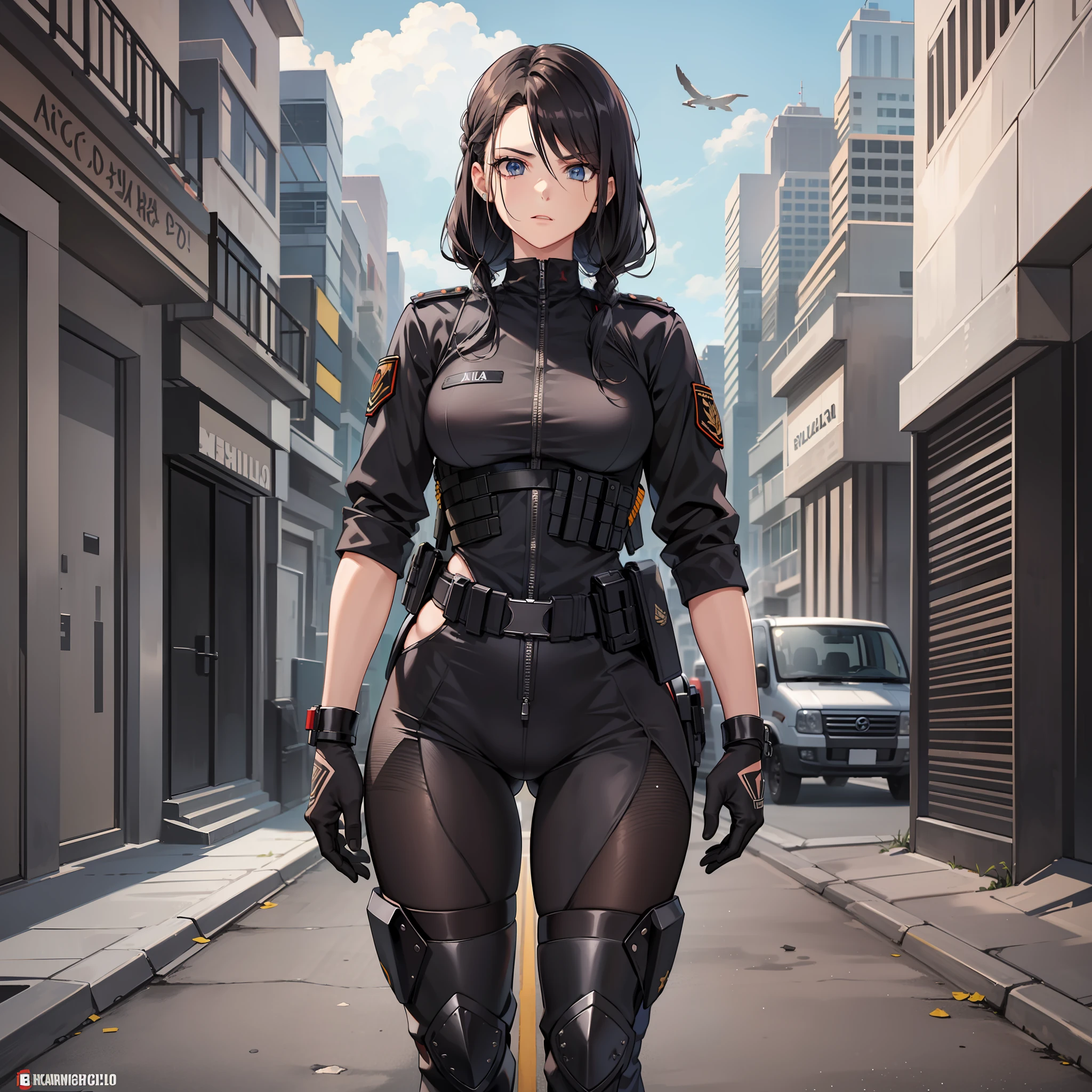 Cidade apocalipse zumbi, uma mulher, roupa militar, ((cabelo preto longo)), olhos azuis, Serious, athletic body, soldada, policia, exercito, roupa longa, ((alta qualidade)), (shadowy lighting), pose dinamica
