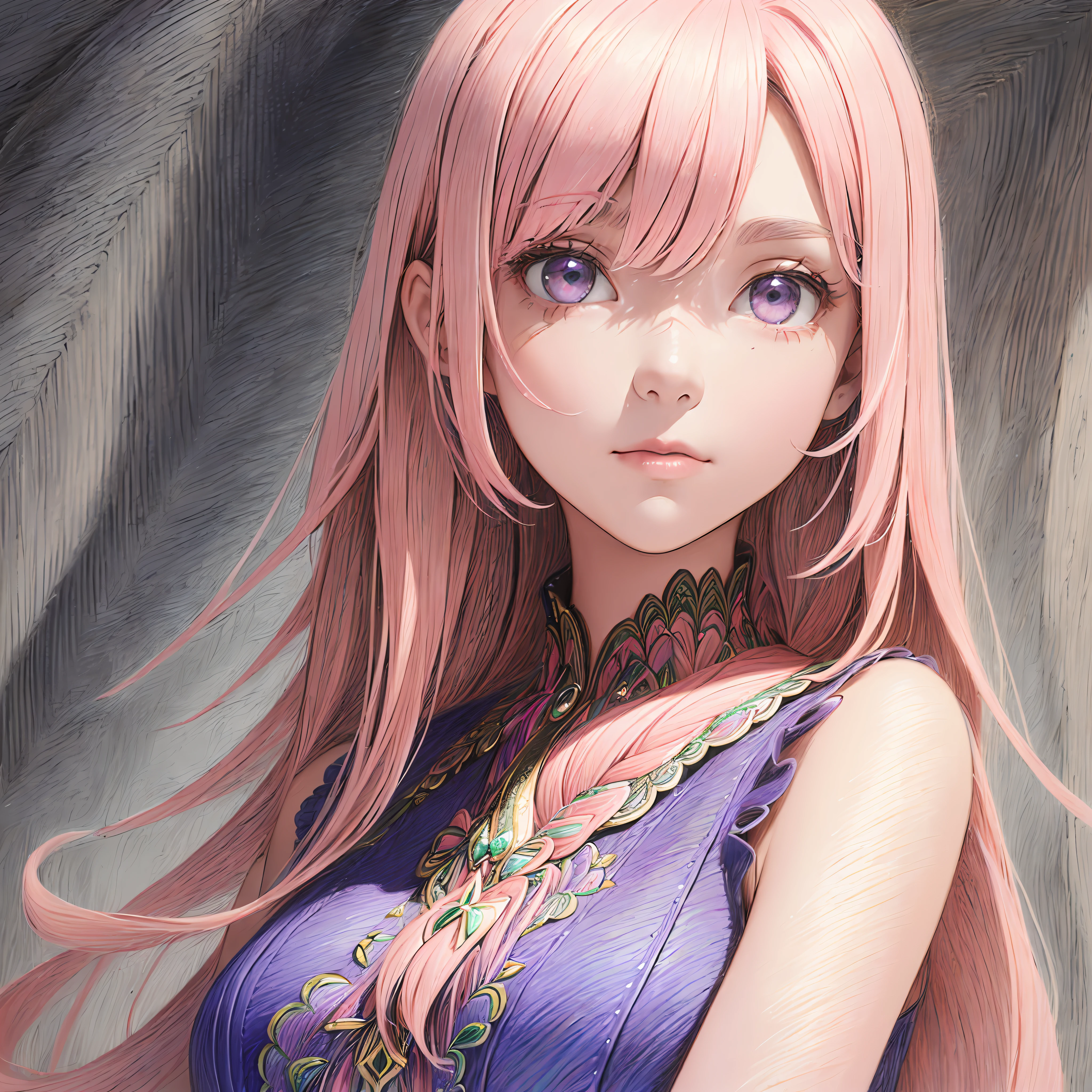 absurdres, highres, ultra detailed, (1girl:1.3),(Blonde and Pink Hair,Purple Clear Eyes), Layered Bob 
BREAK
(Capture the delicacy of colored pencil art, with fine detail, subtle shading, and a sense of texture and depth.:2.1)
BREAK
, classical style, timeless clothing, elegant silhouettes, vintage-inspired accessories, refined fabrics, sophisticated color palettes