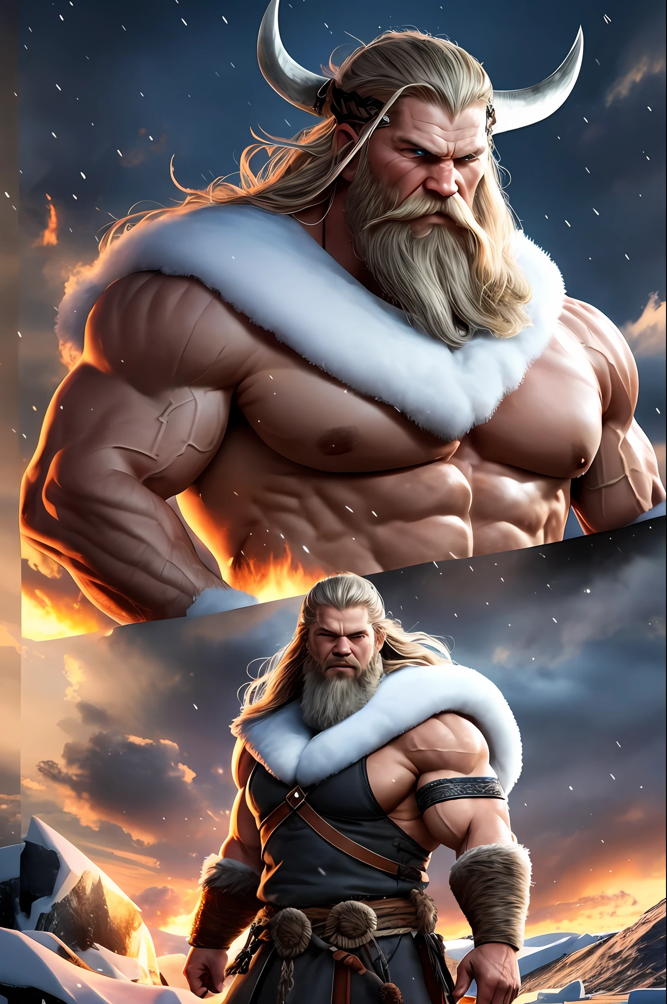 Create the image of a muscular Viking in Antarctica, sweaty and breathing heavy from the cold, --auto --s2