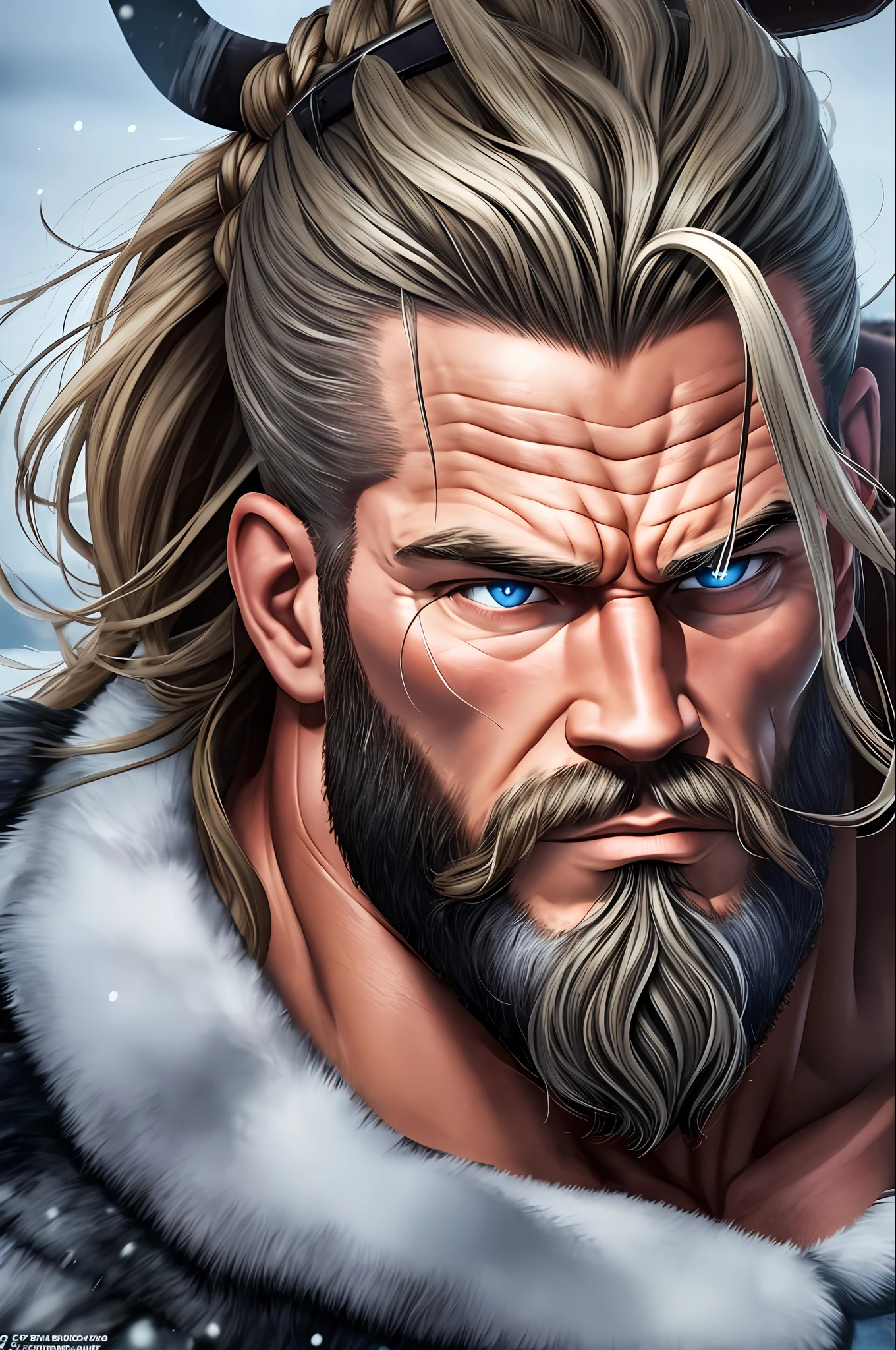 Create the image of a muscular Viking in Antarctica, sweaty and breathing heavy from the cold, --auto --s2