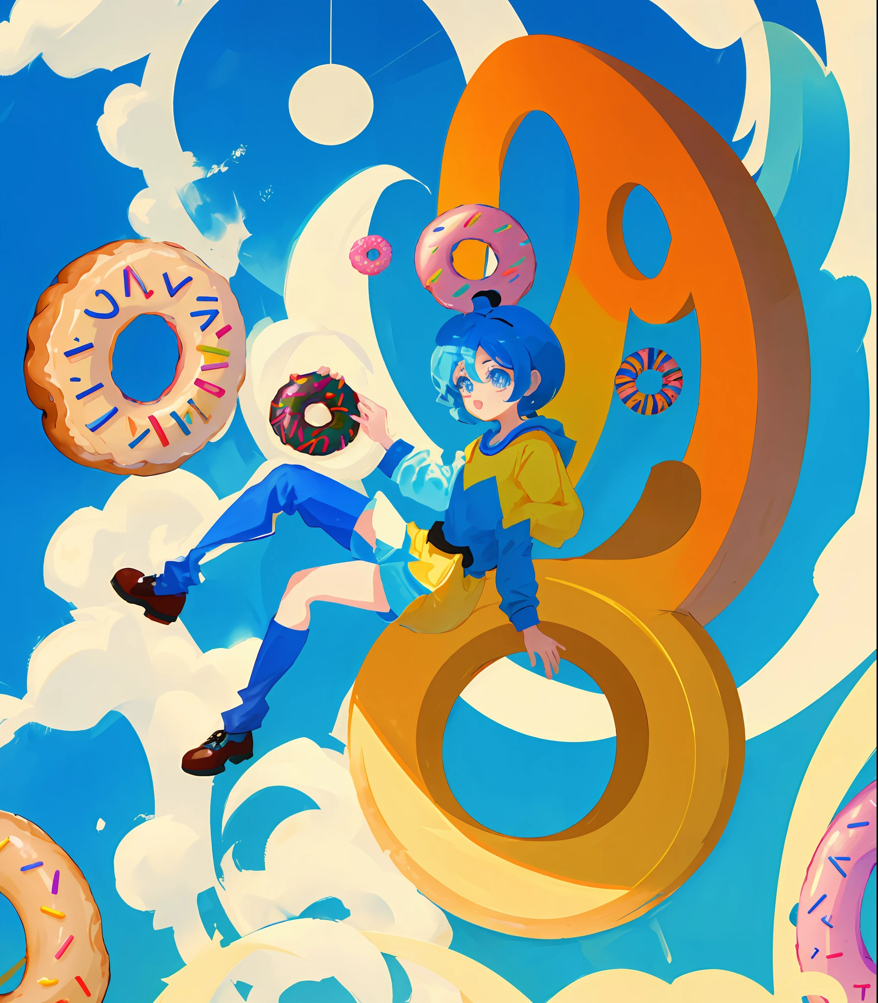 Please draw a donut character in the style of Pixar. Animation.Please do not draw people, However、Focus primarily on donuts. The character should be adorable, colourful、, and in the shape of a donut. The character must have eyes, gura, arms and legs. The background should be all white. Please recreate the world of a Pixar movie.