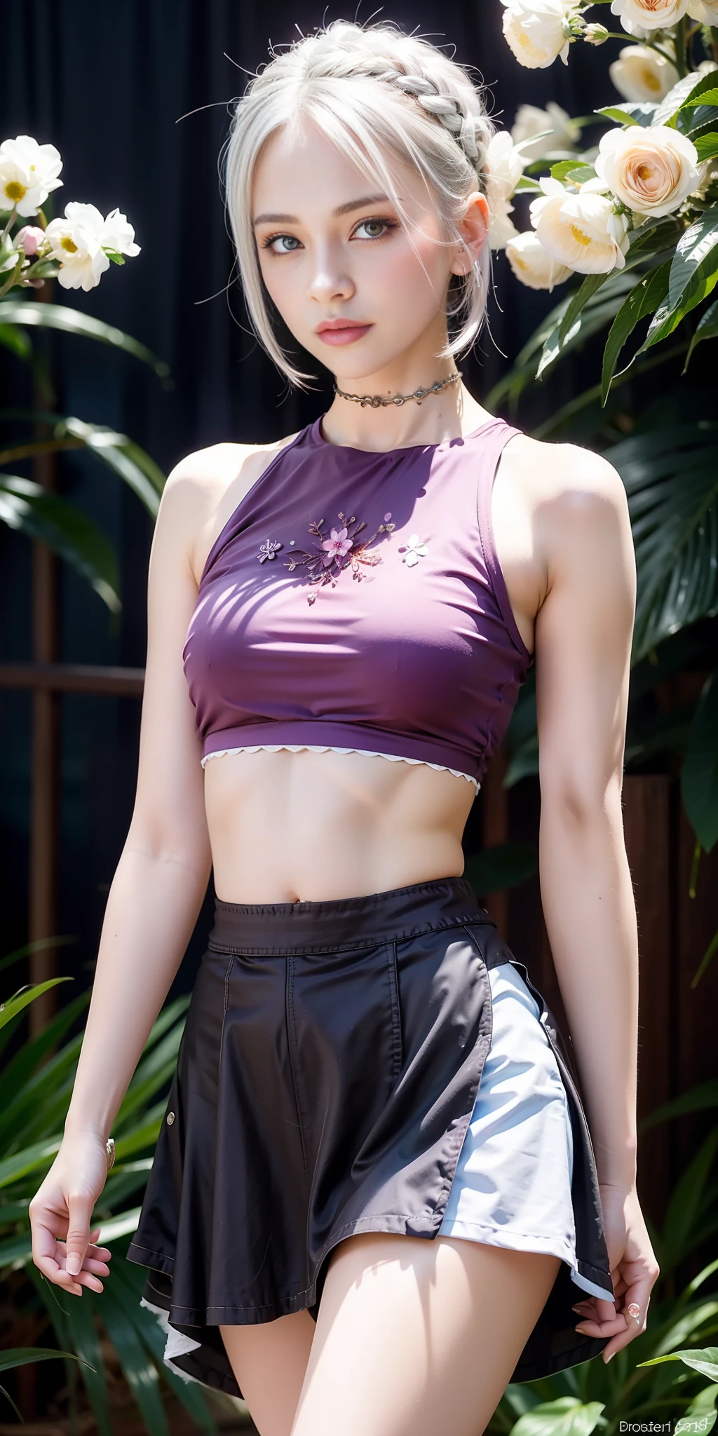 realistic, 1girl, white hair, purple eyes, glowing eyes, crop top, skirt, parted lips, blush, night, flowers, sun, sunlight,