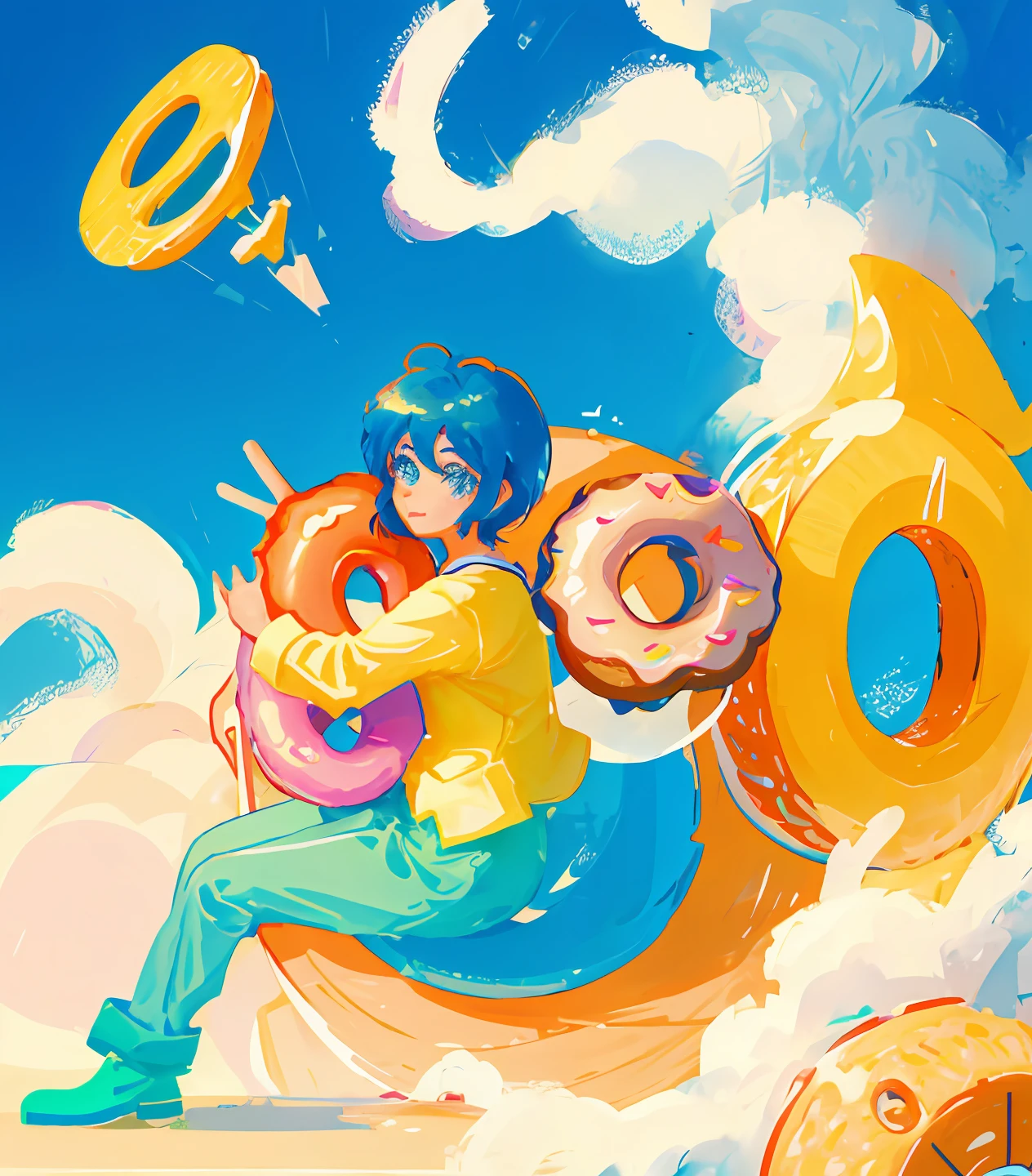 Please draw a donut character in the style of Pixar. animation.Please do not draw people, but focus mainly on the donut. The character should be adorable, colorful, and in the shape of a donut. The character must have eyes, mouth, arms and legs. The background should be all white. Please recreate the world of a Pixar movie.