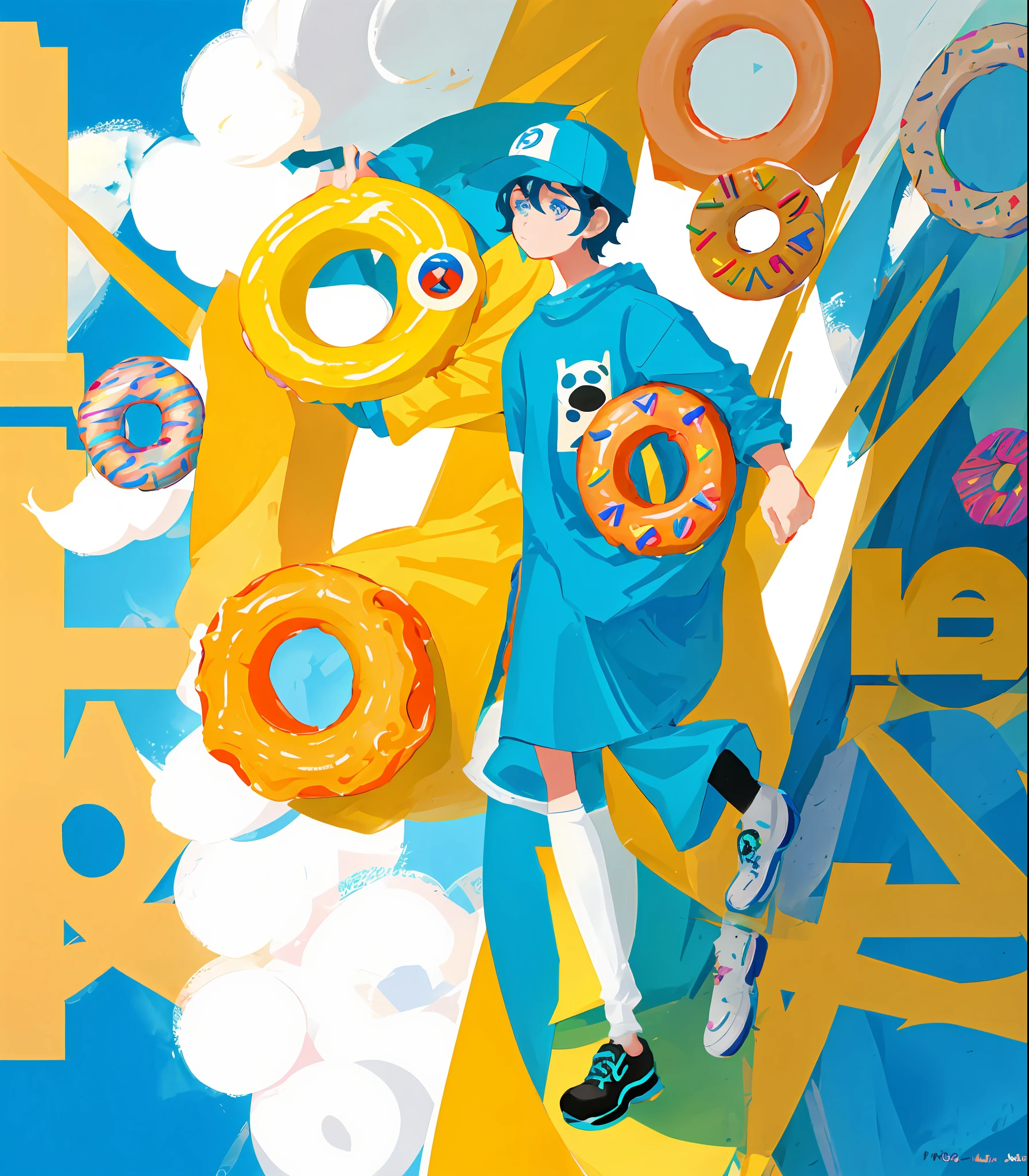 Please draw a donut character in the style of Pixar. Animation.Please do not draw people, However、Focus primarily on donuts. The character should be adorable, colourful、, and in the shape of a donut. The character must have eyes, gura, arms and legs. The background should be all white. Please recreate the world of a Pixar movie.