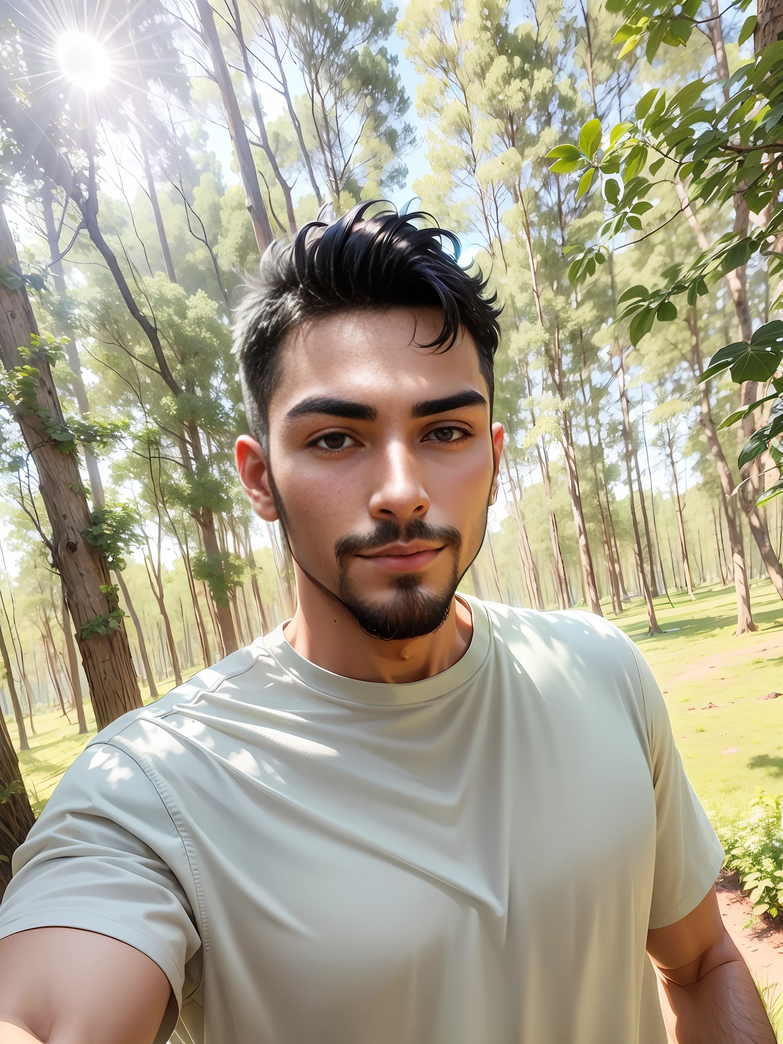 A handsome young man with tanned skin, he has facial hair and black hair. Dark brown eyes, green t shirt, foliage and sun glare in the background