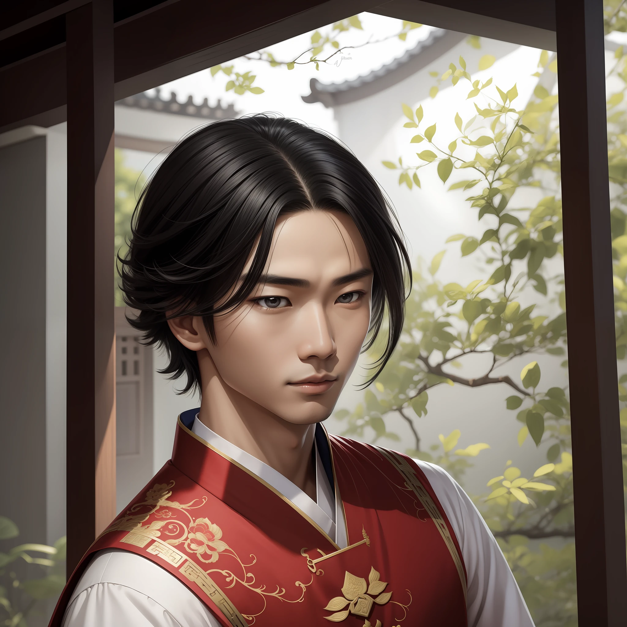 "Portrait of a young Chinese man in traditional dress", obra-antes, melhor qualidade, Ultra-detalhado, Improved lighting, flawless shade, dynamic angle, poses elegantes, olhos amendoados, flowing black hair, rosto belo e delicado, Fim, firm strokes, ambiente de fundo escuro, efeito de borda suave.