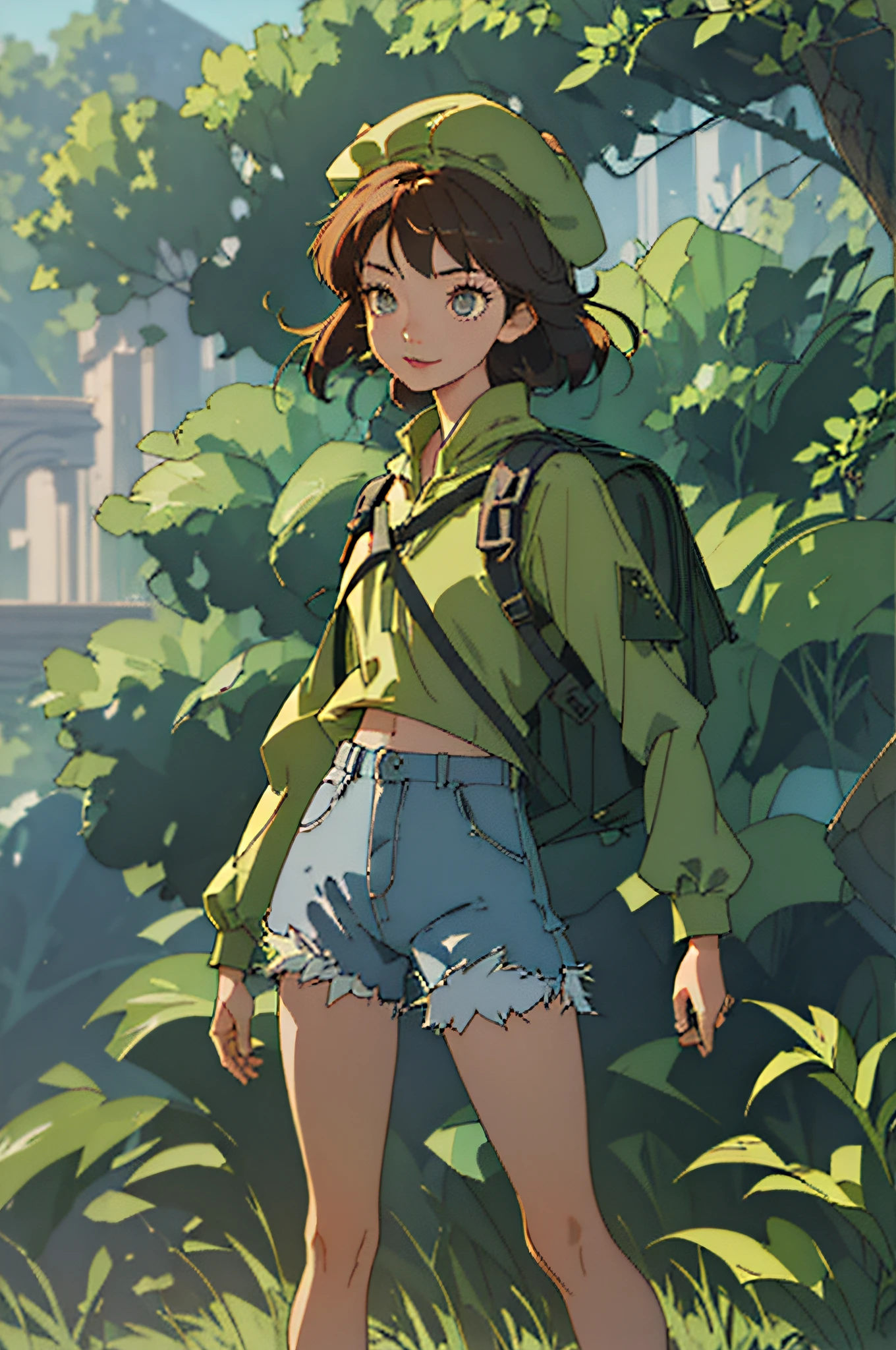 (best quality, masterpiece1.2), (detailed eye:1.2), intricate detail, depth of field, 1girl, happy, long sleeves, cap, shorts, jungle, backpack, sun, standing