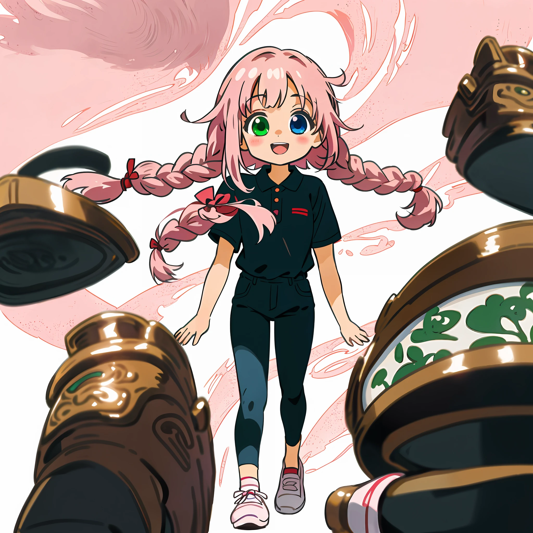 One Beautiful Girl, (Heterochromia, Blue and Green Eyes: 1.8), Shining Eyes, (Illustration: 1.1), (Chibi: 1.5), (Masterpiece, Super Detail, Best Quality, 8K, Kyoto Animation Animation Illustration)), (Caregiver, Cute Girl 1, Big, Solo, Watch Viewer, Full Body, Upright, Frontal, Cute Open Mouth, Happy Smile: 1.3), (Loli: 1.2), ( Cute: 1.5), (Red short sleeve polo shirt and black tight long pants, Long Heat Tech inner shirt: 1.5), (Footwear: Sneakers), (Pale pink hair, braid, long hair, cute ribbon: 1.1), Large room, wooden floor