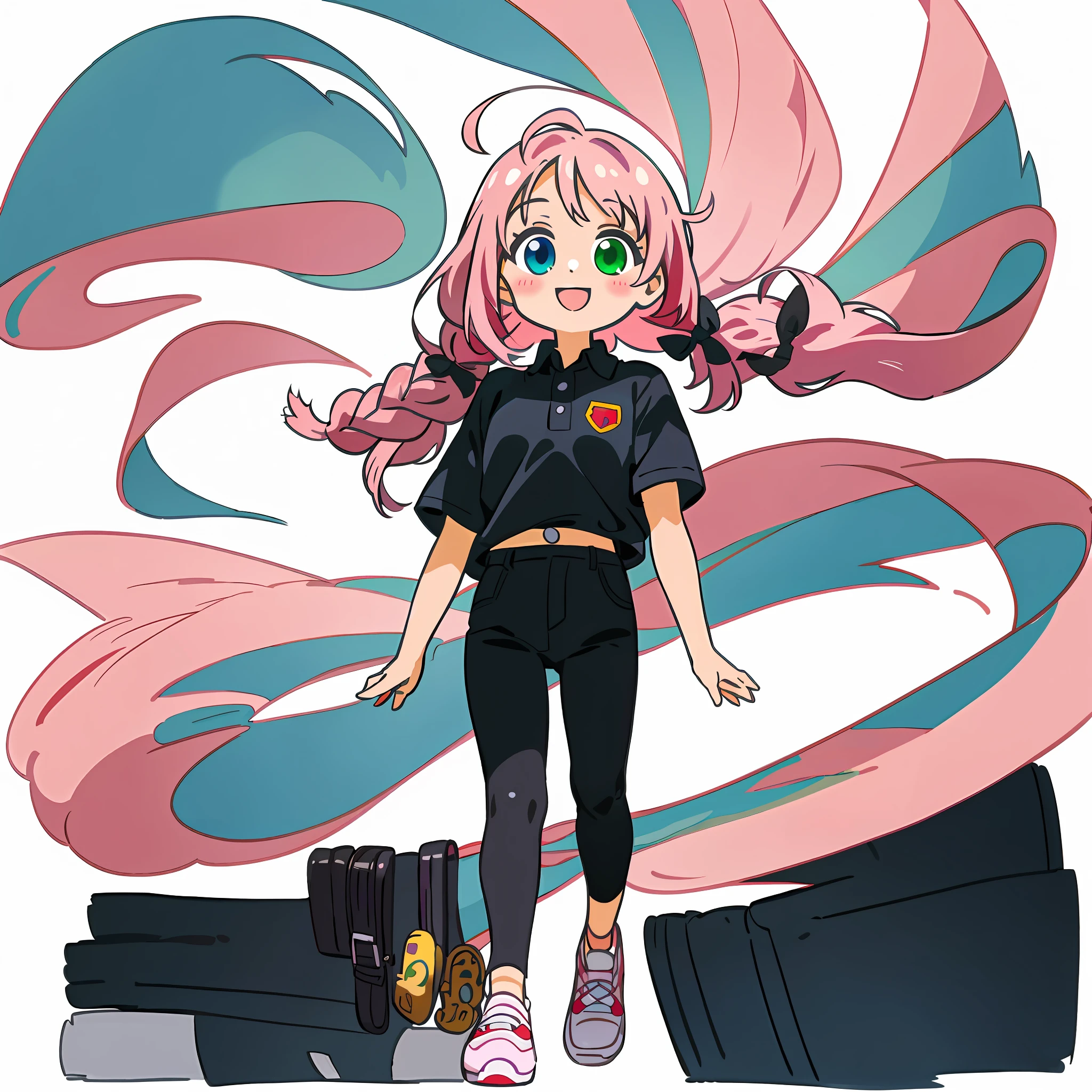 One Beautiful Girl, (Heterochromia, Blue and Green Eyes: 1.8), Shining Eyes, (Illustration: 1.1), (Chibi: 1.5), (Masterpiece, Super Detail, Best Quality, 8K, Kyoto Animation Animation Illustration)), (Caregiver, Cute Girl 1, Big, Solo, Watch Viewer, Full Body, Upright, Frontal, Cute Open Mouth, Happy Smile: 1.3), (: 1.2), ( Cute: 1.5), (Red short sleeve polo shirt and black tight long pants, Long Heat Tech inner shirt: 1.5), (Footwear: Sneakers), (Pale pink hair, braid, long hair, cute ribbon: 1.1), Large room, wooden floor