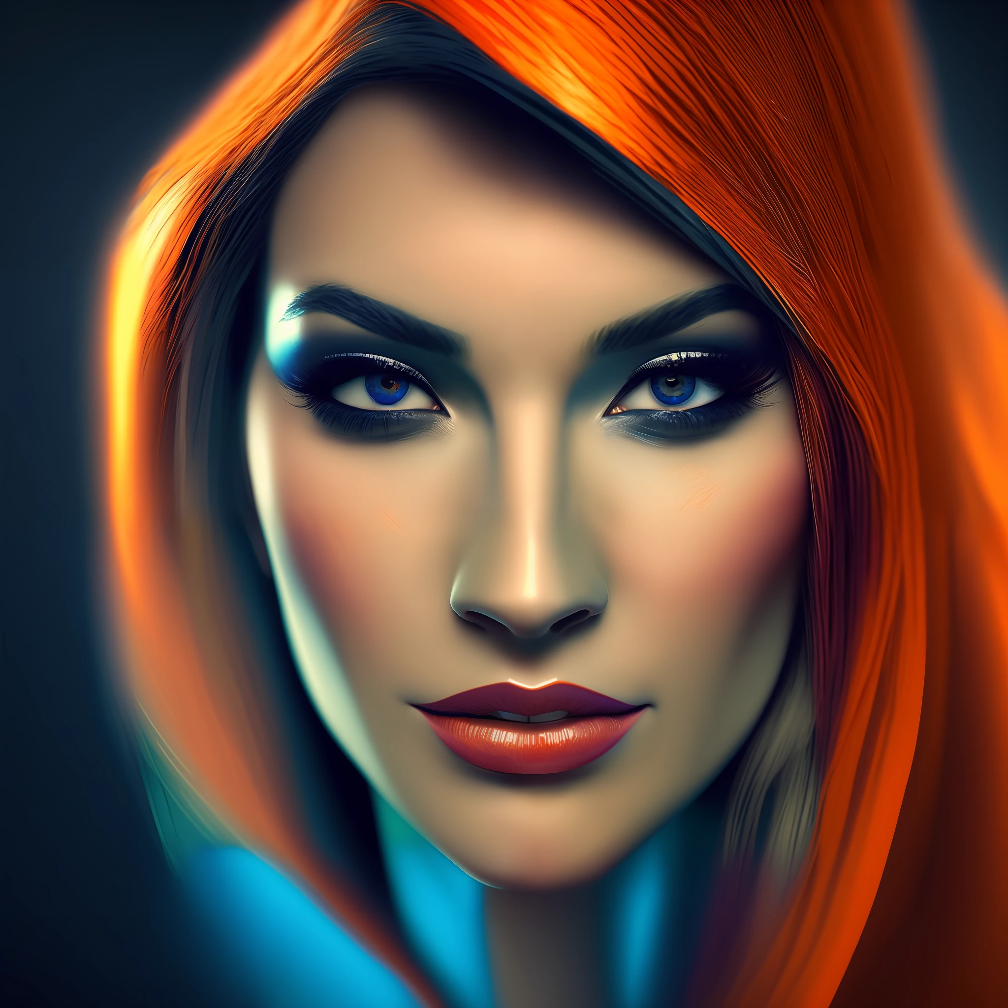 a close up of a woman with bright orange hair and blue eyes, realistic digital art 4k, realistic digital art 4 k, realistic beautiful face, stunning digital illustration, fierce expression 4k, 4k highly detailed digital art, photorealistic artstyle, cgsociety portrait, gorgeous digital art, futuristic woman portrait, gorgeous face portrait, 3d digital art 4k