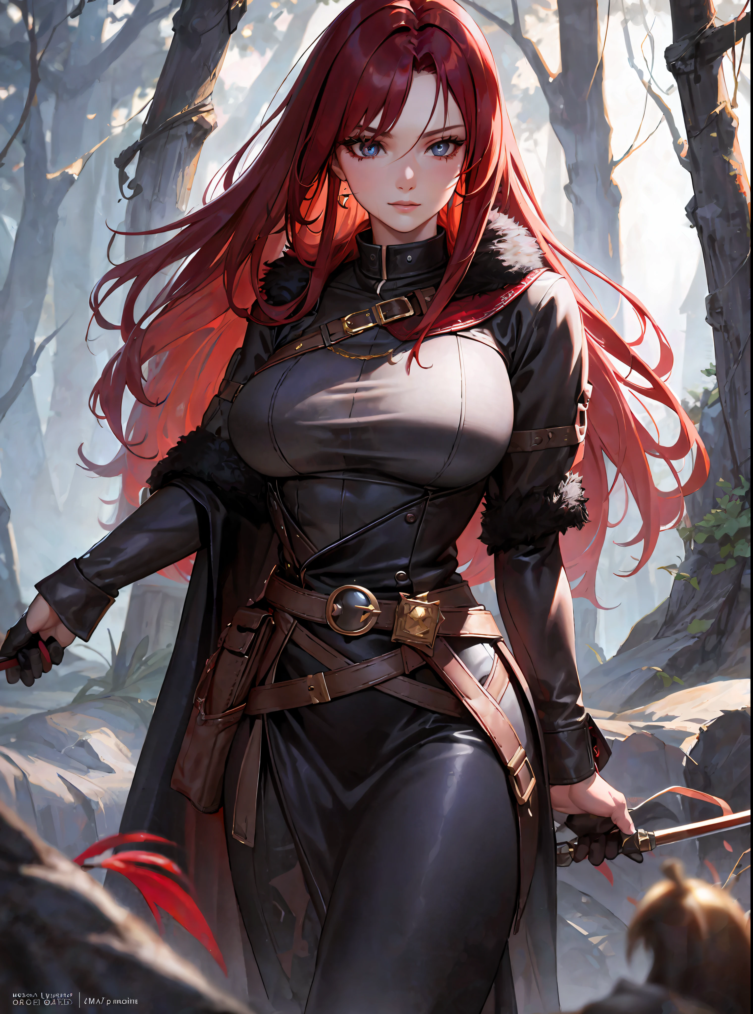 (masterpiece, best quality) a youthful adult woman with very long red hair, gray eyes, exploring a forests at night, medieval clothes, robes, furs, leather armor, viking, scout, mage, rogue, ((large breasts)), ((slim)), head-to-waist portrait, cinematics, color oil painting, cinematic lighting, extremely detailed face, finely detailed face, beautiful face, beautiful eyes, perfect lighting, depth of field, (realistic proportions), (good anatomy), (solo), (1girl)