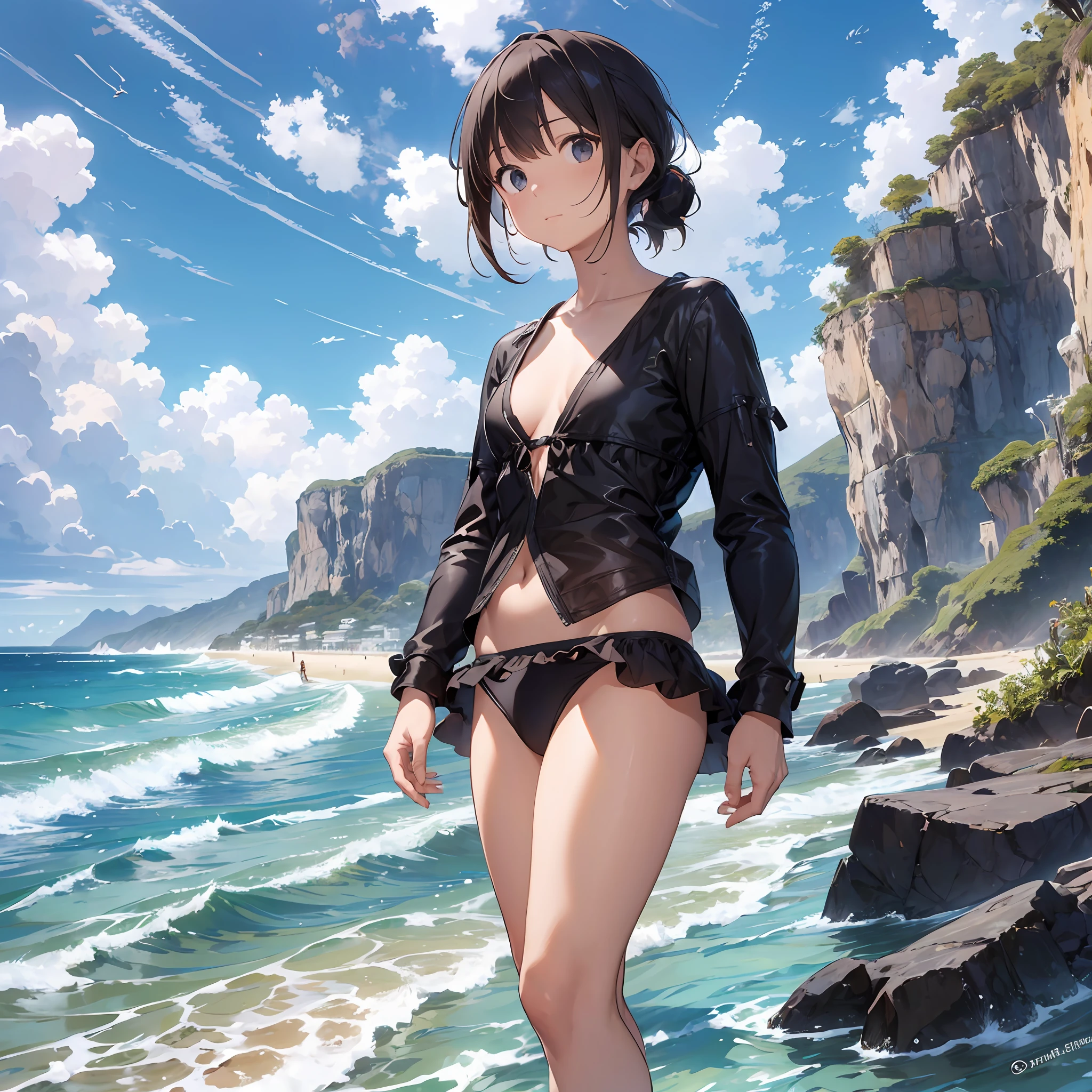 (homem bonito:1.2) com roupas leves de praia, cabelo ao vento, in a beira scenario-mar, with calm waves crashing gently on the sand and clear blue sky.