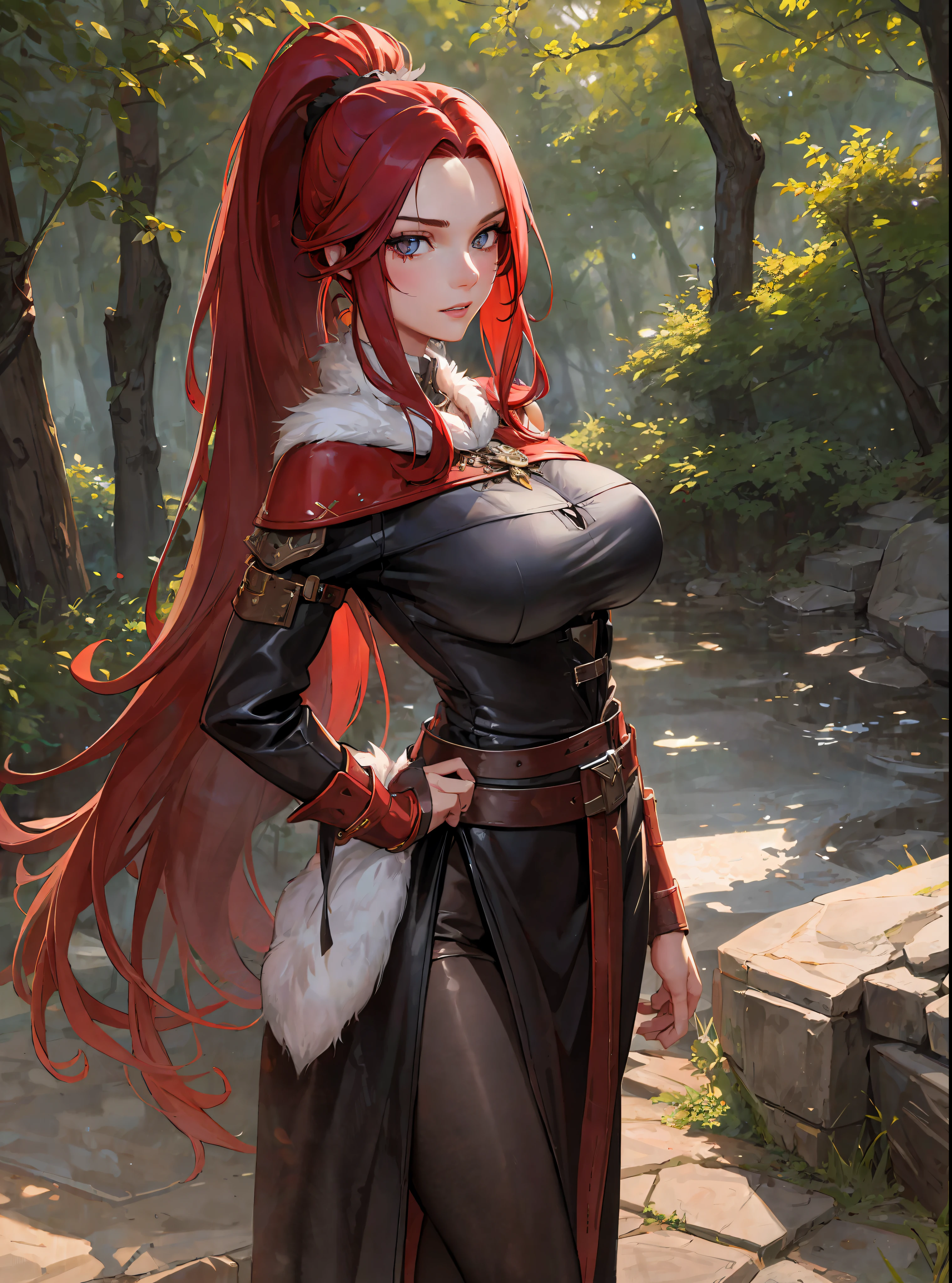 (masterpiece, best quality) a youthful adult woman with very long red hair, gray eyes, exploring a forests at night, medieval clothes, robes, furs, leather armor, viking, scout, mage, rogue, ((large breasts)), ((slim)), (ponytail), head-to-waist portrait, cinematics, color oil painting, cinematic lighting, extremely detailed face, finely detailed face, beautiful face, beautiful eyes, perfect lighting, depth of field, (realistic proportions), (good anatomy), (solo), (1girl)