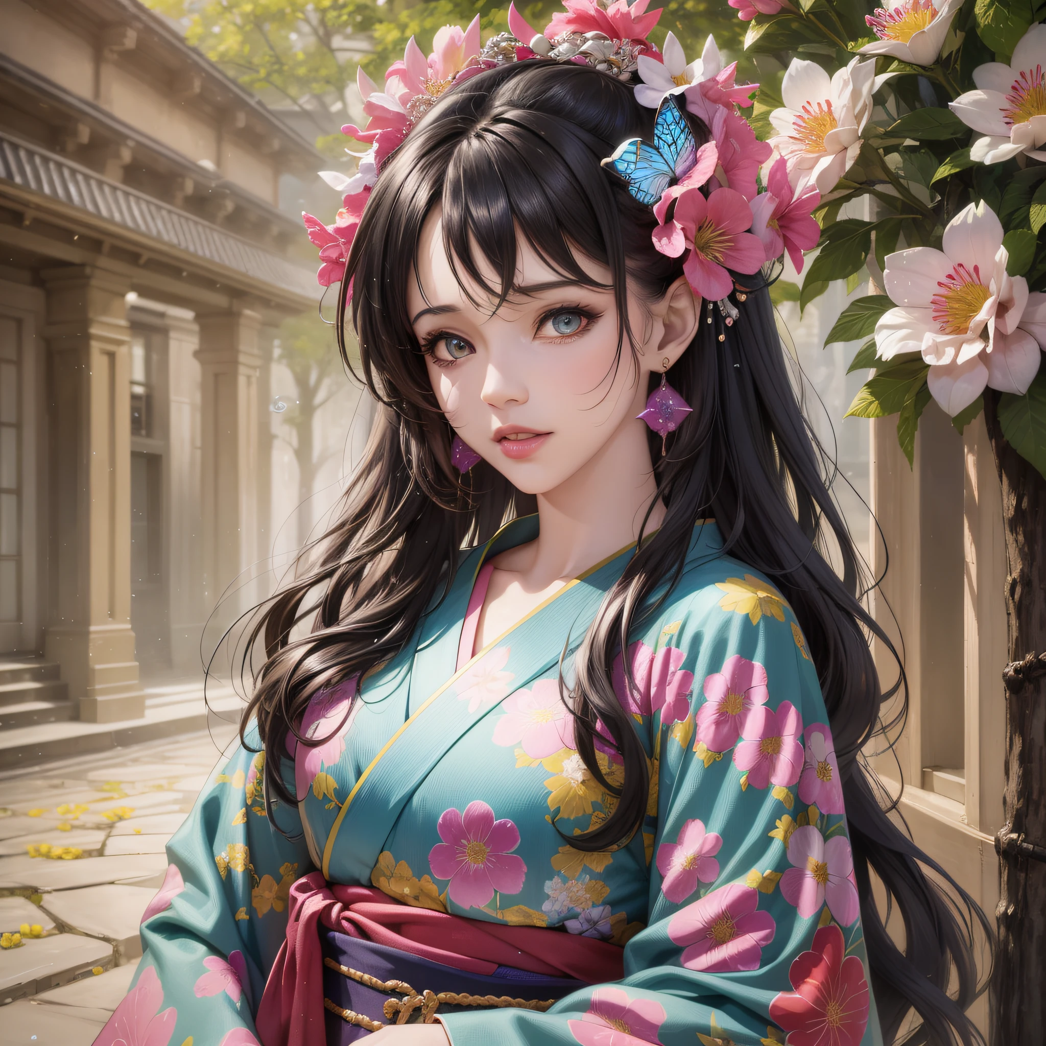 shukezouma, octane render, hdr, (hyperdetailed:1.15), (soft light, sharp:1.2), 1girl, beautiful girl, ultra detailed eyes, mature, plump, thick, rainbow painting drops, paint teardrops, woman made up from paint, entirely paint, splat, splash, long colored hair, kimono made from paint, ultra detailed texture kimono, rainbow paint kimono, paint bulb, paint drops, (hair ornaments, earrings, flowers hair ornaments, butterflies hair ornaments), outdoors, sakura trees