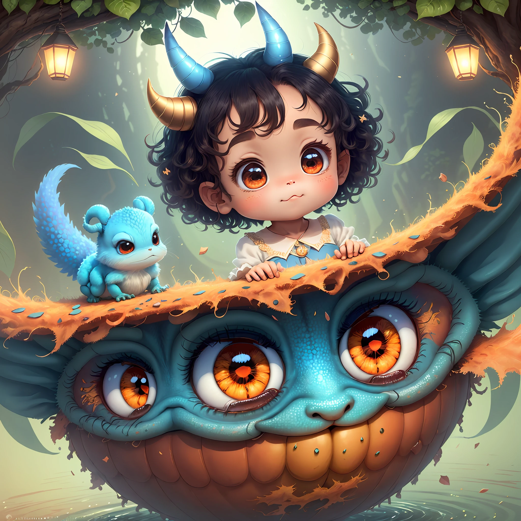 (extremely cute and delicate CG illustration, ultra-detailed and ultra-high quality), best illumination, best shadow, an extremely cute and adorable cu73cre4ture (agama), with big round eyes and a small cute mouth, small horns on its head, vibrant and vivid colors, dynamic angle, dynamic pose, floating, in a magical and enchanting place, with lush vegetation and vibrant flowers.