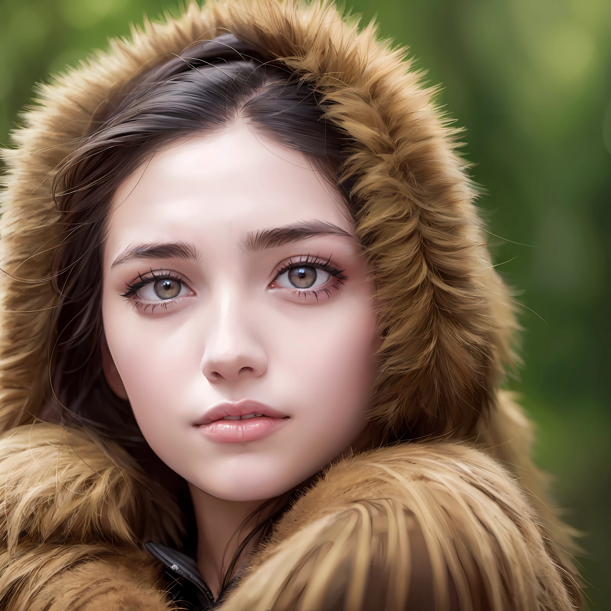 portrait photography, beautiful young woman looking off camera in fur jacket, super realistic face, eyes visible through hair, proper eye position, natural skin, dramatic light, rim light, hips, in road side, detailed background, intricate , highly detail, HD, 8k, by Annie Leibovitz,120mm --auto --s2