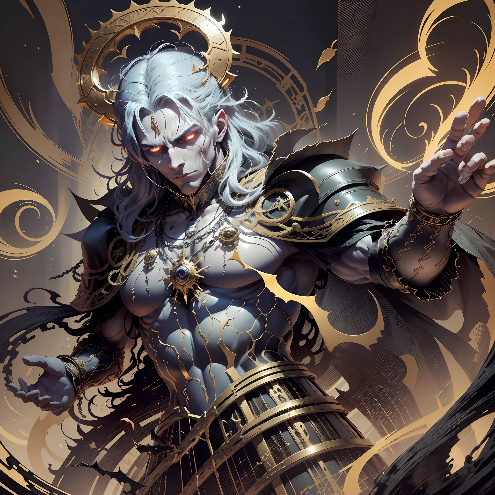 The illustration of the future King of Demons depicts an imposing and terrifying figure, carrying with him an indomitable evil power. He emerges in an apocalyptic scenario, with darkened skies, rachaduras na terra e chamas infernais consumindo tudo ao seu redor. It is a dark and frightening vision that anticipates the arrival of an era of chaos and destruction.

The King of Demons is depicted with an imposing and muscular stature, Displaying a dominant presence. His pale skin reflects his demonic nature, while his features are distorted by a fusion of supernatural horrors. Chifres curvos emergem de sua testa, symbolizing their sovereignty over the forces of evil.

His eyes are fierce and piercing, brilhando com um fogo infernal. They convey a deep malice and a relentless determination. A sinister expression adorns his face, revealing his satisfaction at the chaos he unleashes.

Dressed in black robes and adorned with demonic symbols, the King of Demons carries with him an aura of dark power and corruption. A fluttering cloak wraps around her body, as an extension of the shadows that accompany it. In your hands, segura um cetro ornamentado com runas antigas, emanating a dark energy that represents your absolute control over the demonic realm.

The illustration conveys a sense of awe and despair, for the wickedness impregnated in the King of Demons is palpable. Ao olhar para essa imagem, percebe-if the imminence of destruction and the inevitability of his ascension to the dark throne. It is a frightening and disturbing depiction of an evil being destined to rule over darkness. --auto --s2
