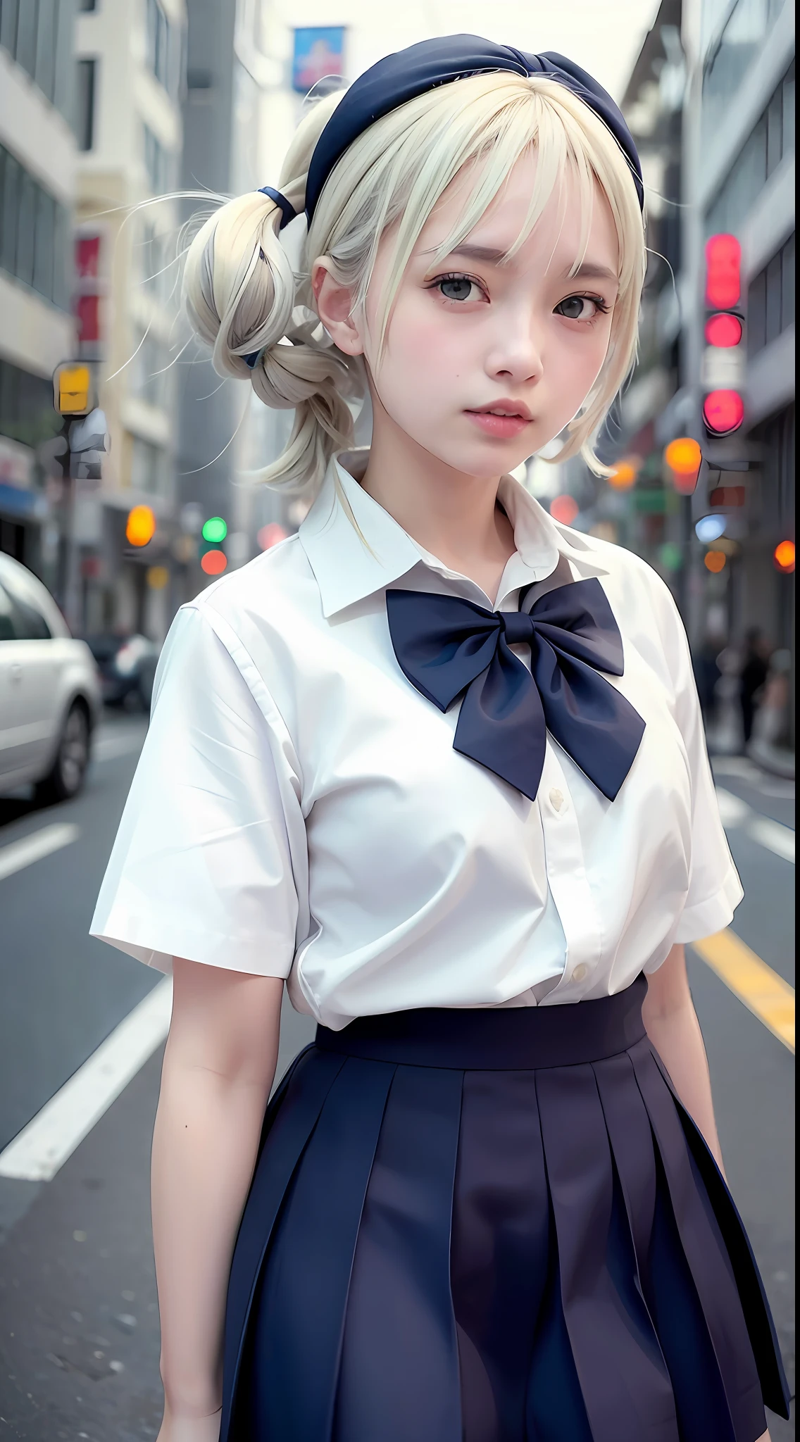 (8k, RAW photo, best quality, mastery:1.3),(realistic,photo-realistic:1.37),(night),(looking viewer:1.331),(white hair),posing,Tokyo street,nightcityscape,cyberpunk city,soft light, 2girl, extremely beautiful face, bust, hands down, casual hairstyle, casual expression, big eyes, lower abdomen, (short sleeves JK_shirt), JK_style, (navy JK_skirt), (bow JK_tie), mix4