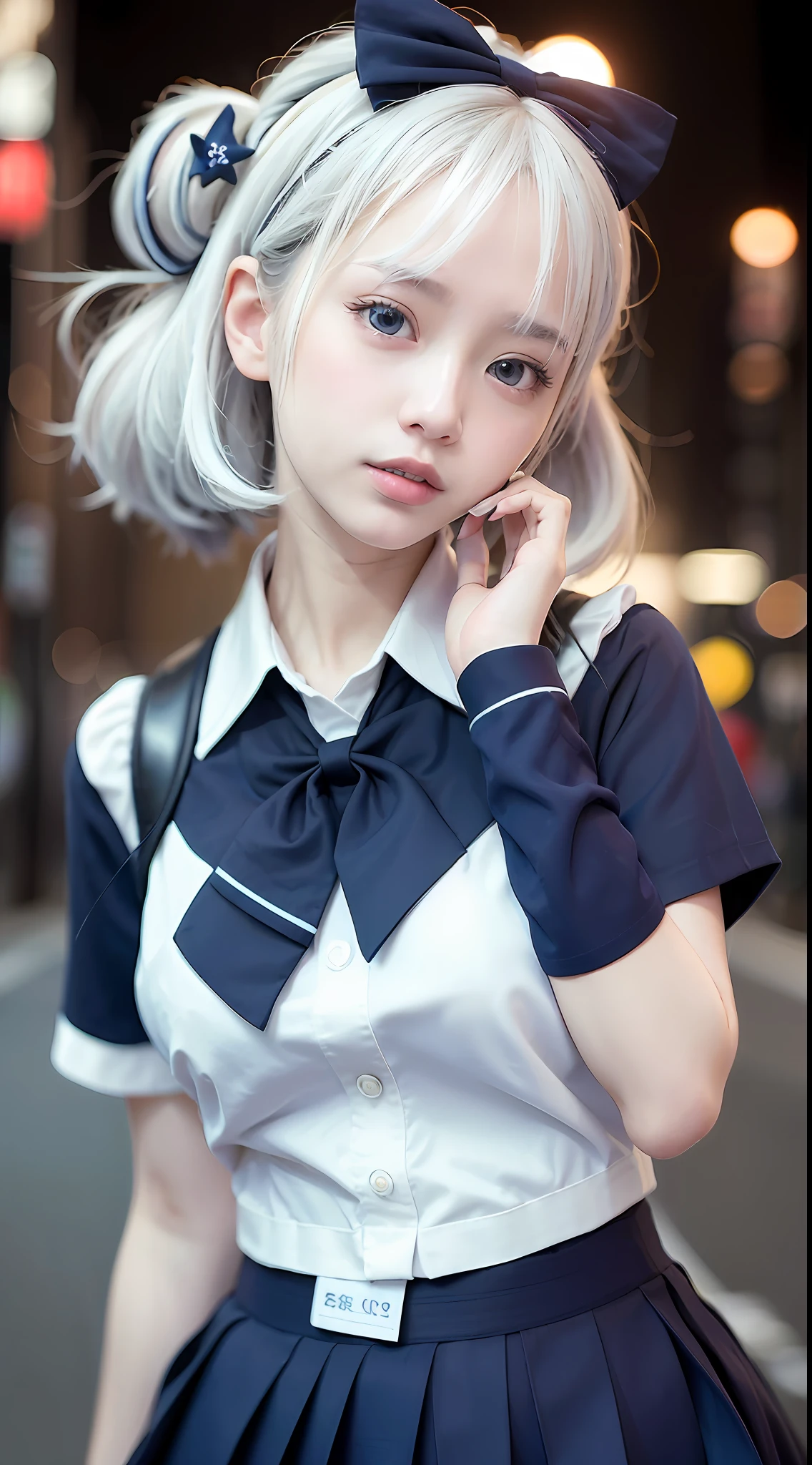 (8k, RAW photo, best quality, masterpiece:1.3),(realistic,photo-realistic:1.37),(night),(looking at viewer:1.331),(white hair),posing,Tokyo street,nightcityscape, cyberpunk city,soft light,1girl,extremely beautiful face,bust,put down hands,Random hairstyle,Random expression,big eyes, ,lower abdomen,(short-sleeved
JK_shirt),JK_style,(dark blue JK_skirt) ,(bow JK_tie),mix4