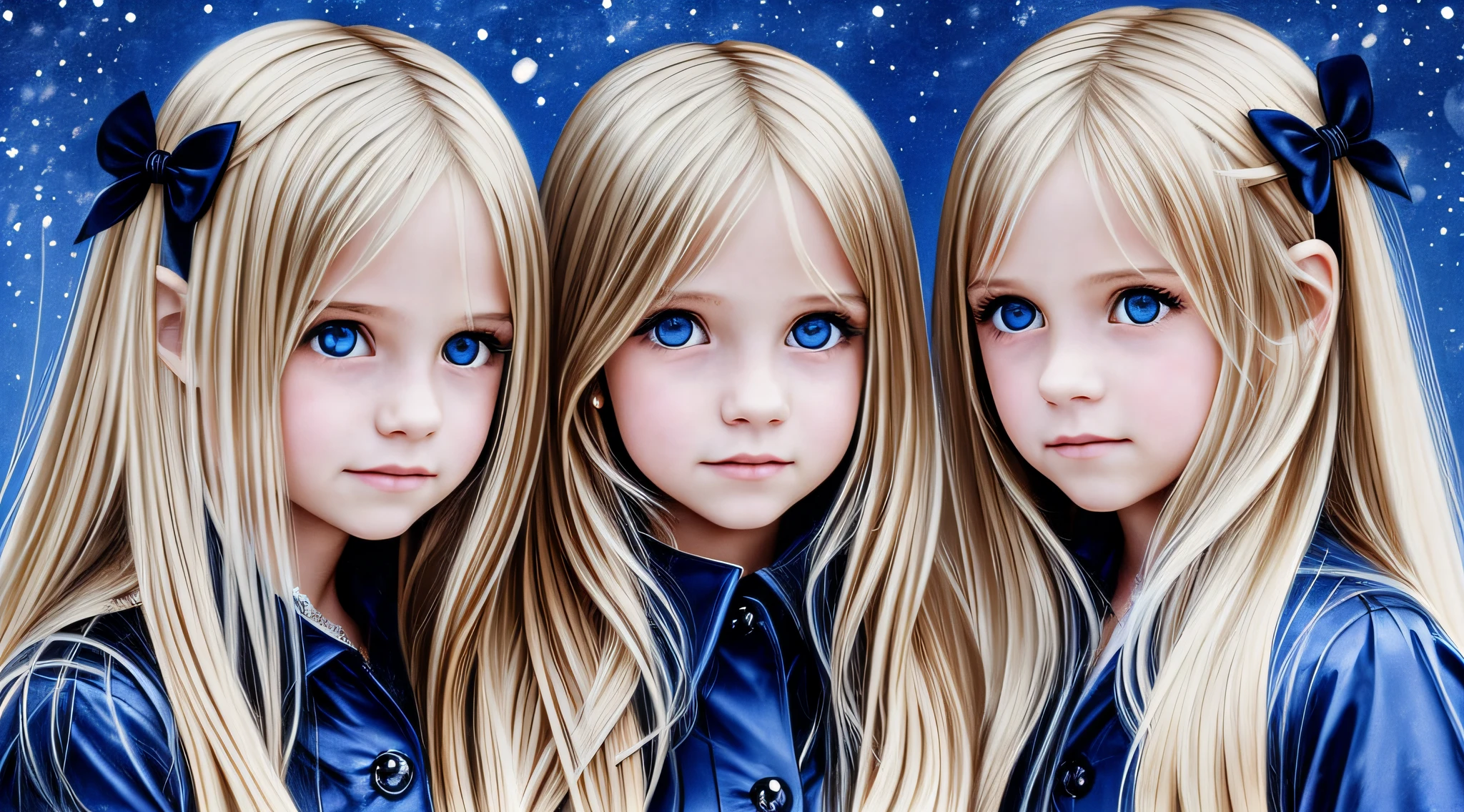 a group of VAMPIRE CHILD GIRLS, PORTRAIT, WITH VERY LONG STRAIGHT BLONDE HAIR, PORTRAIT, people standing around each other in the snow, PETROLEUM BLUE BACKGROUND.