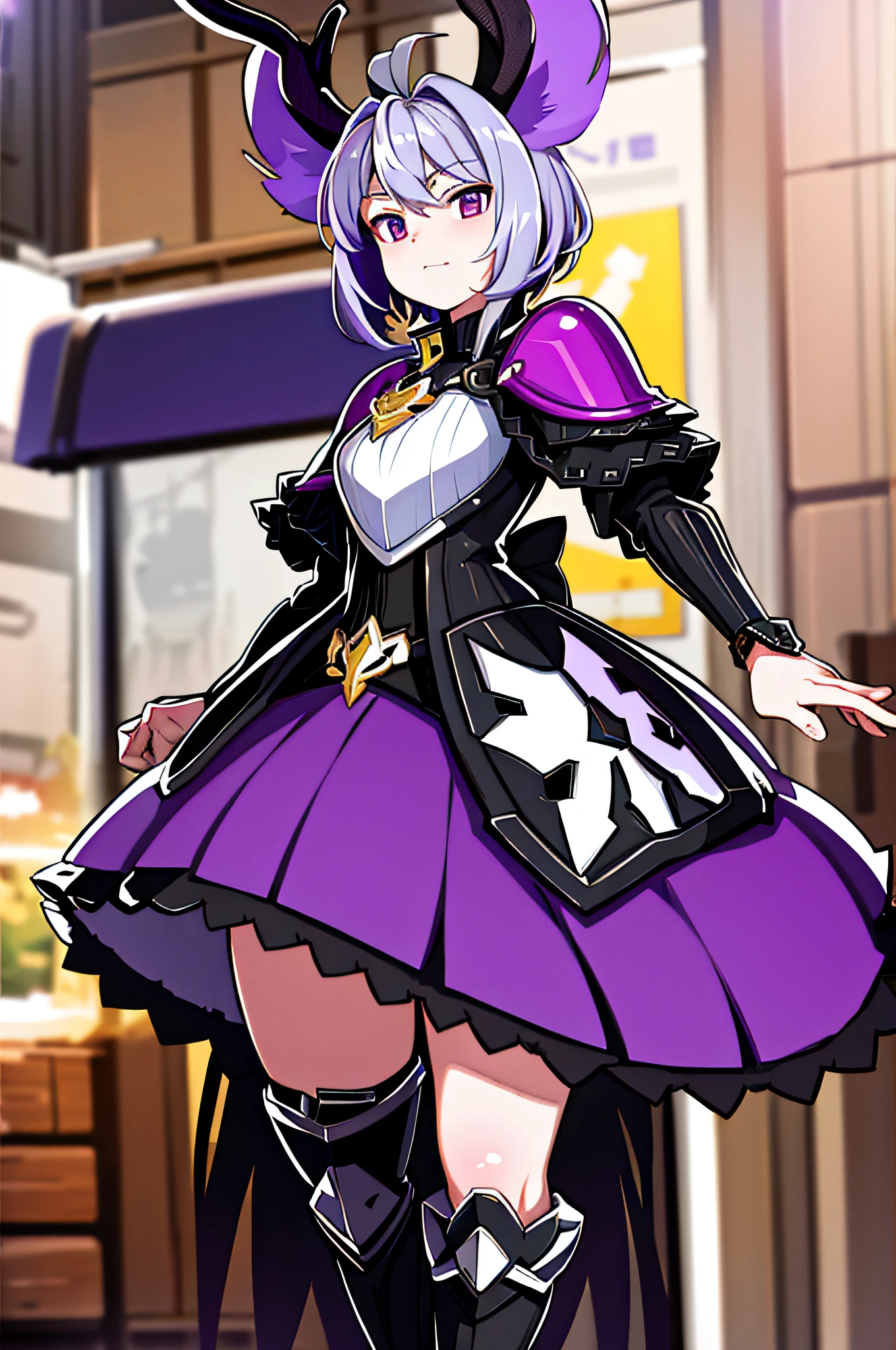 Knight Jackalope, short purple hair, jackalope antlers, dark armor(masterpiece, best quality