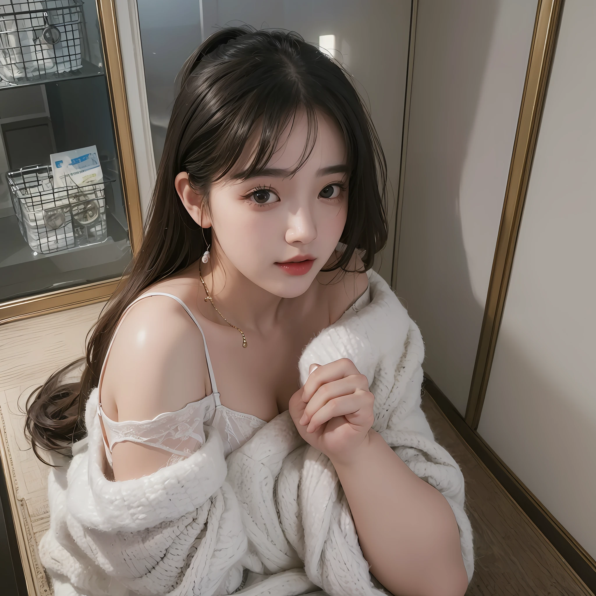 best quality ,masterpiece,ultra high res,(photo realistic:1.4), 1 girl, looking at viewer, Wearing oversized off-shoulder knit over lingerie, korean famous actress, very beautiful,kawaii, Cinematic, 35mm lens, f/ 1. 8, accent lighting, 8k, at luxury hotel --auto --s2
