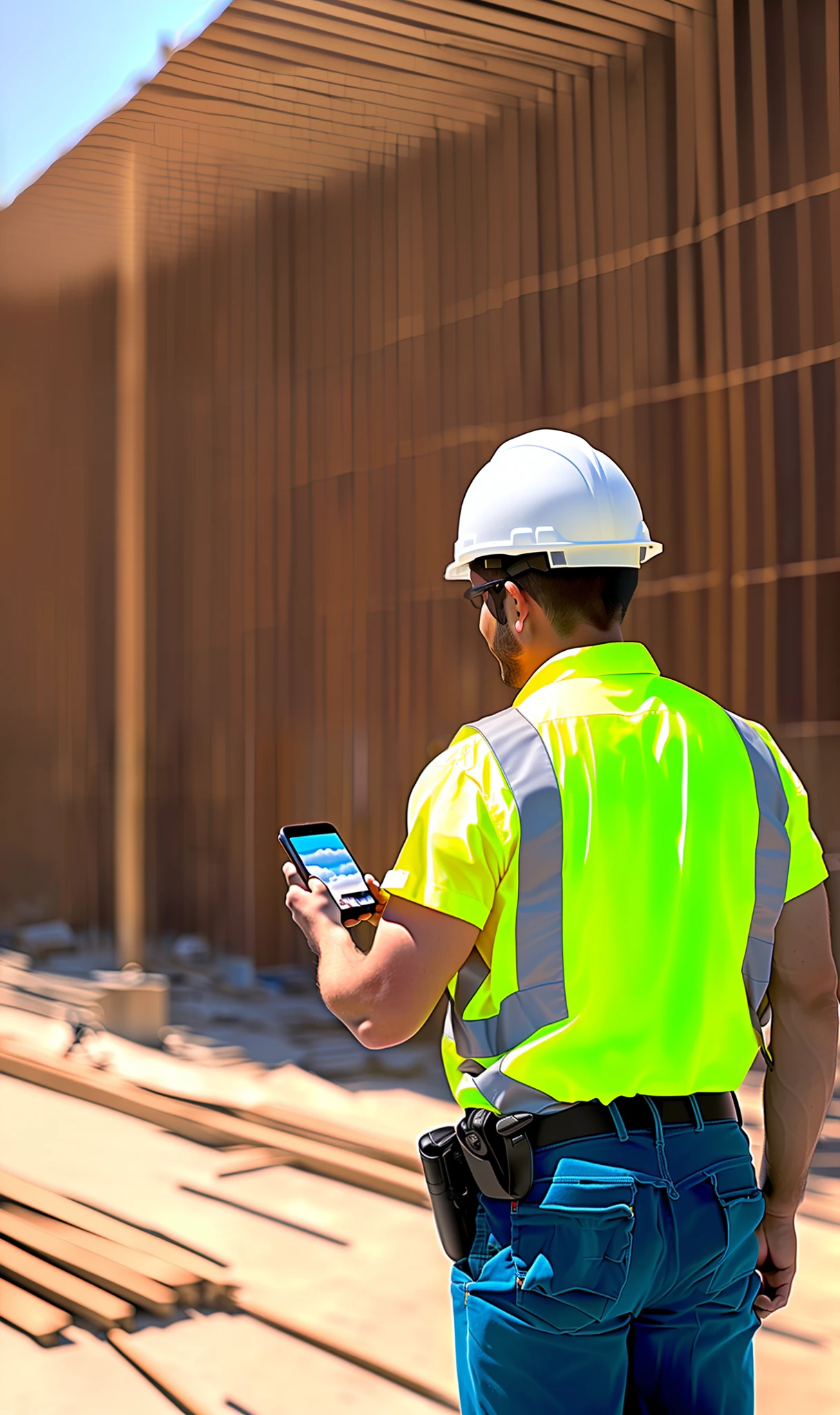 Electrician in uniform, from the back, taking a picture with his cell phone, at a construction site