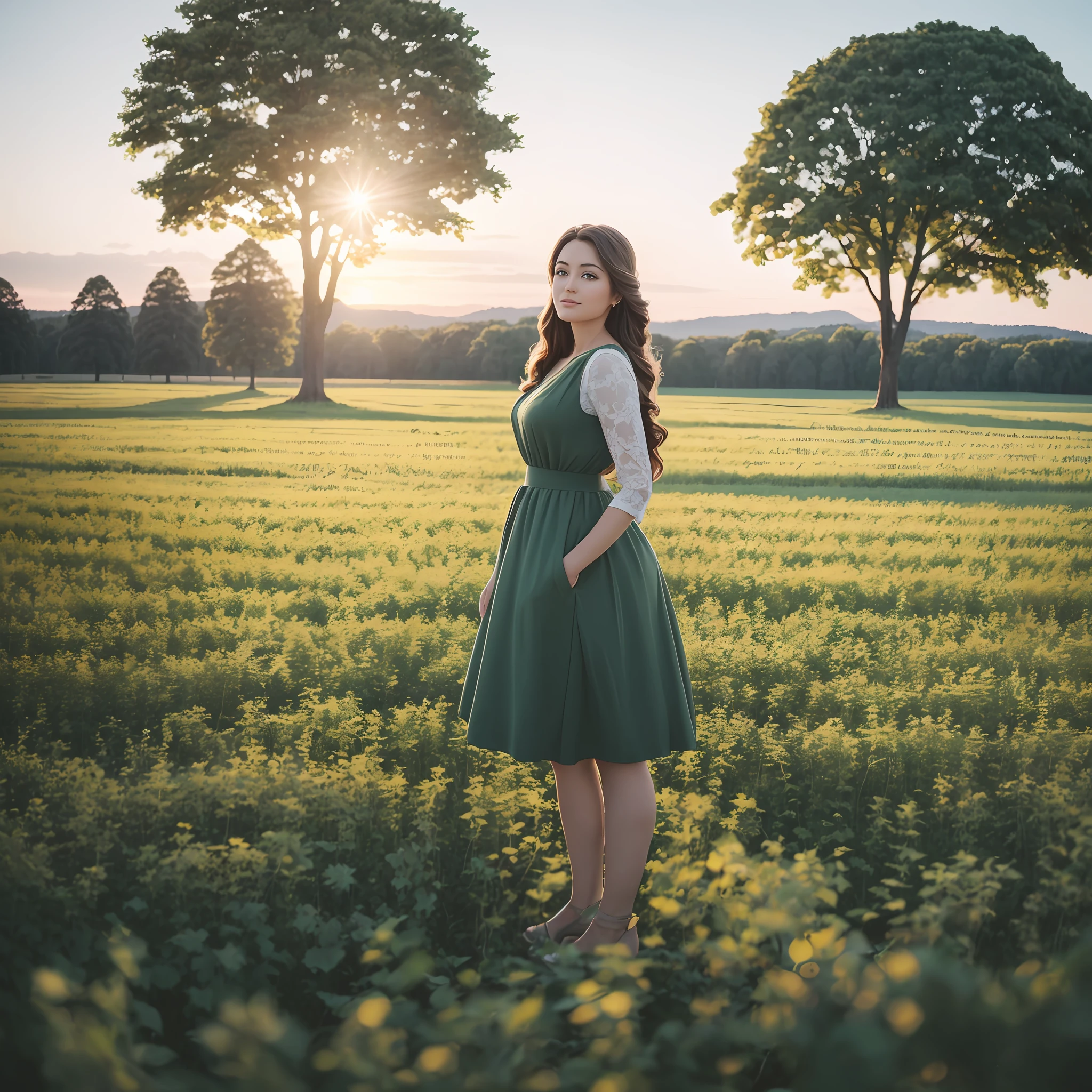 A majestic beautiful woman stands tall in the middle of a lush green field, surrounded by a forest of trees, and a clear blue sky in the background. The brown bark of the tree contrasts beautifully with the green leaves, showcasing its strength and majesty. The camera used is a Canon EOS 5D Mark IV with a wide-angle lens, capturing the vastness of the field and the towering height of the tree. The photo is taken during golden hour when the sun’s warm glow paints the scene in a soft, dreamy light. The style of the photograph is natural and earthy, emphasizing the beauty of the tree and its surroundings. The film used is Fujifilm Pro 400H, adding a touch of vintage charm to the image. --auto --s2